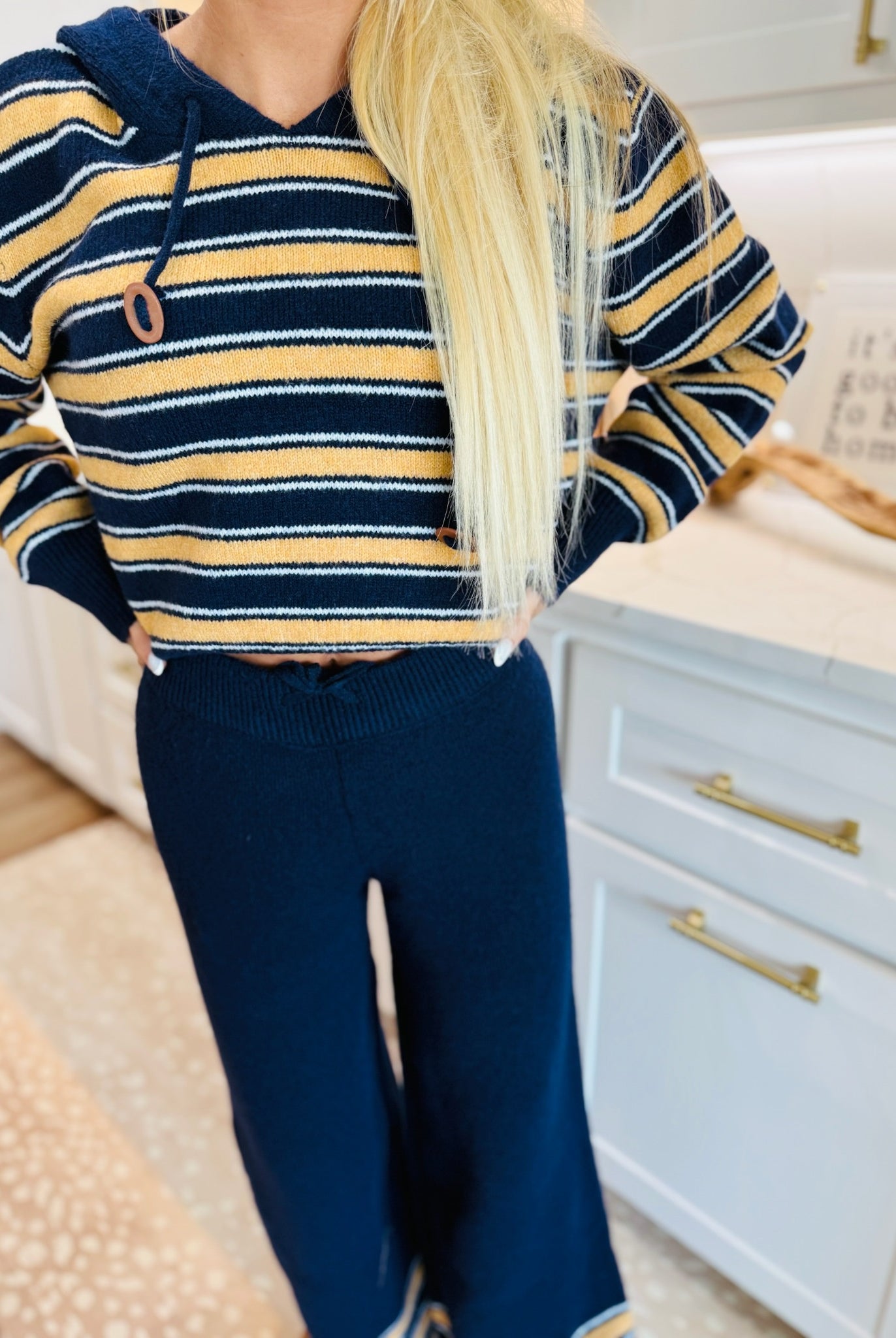 MULTI-COLOR NAVY & BUTTER HOODED KNIT SET- COZY WINTER SET - SET