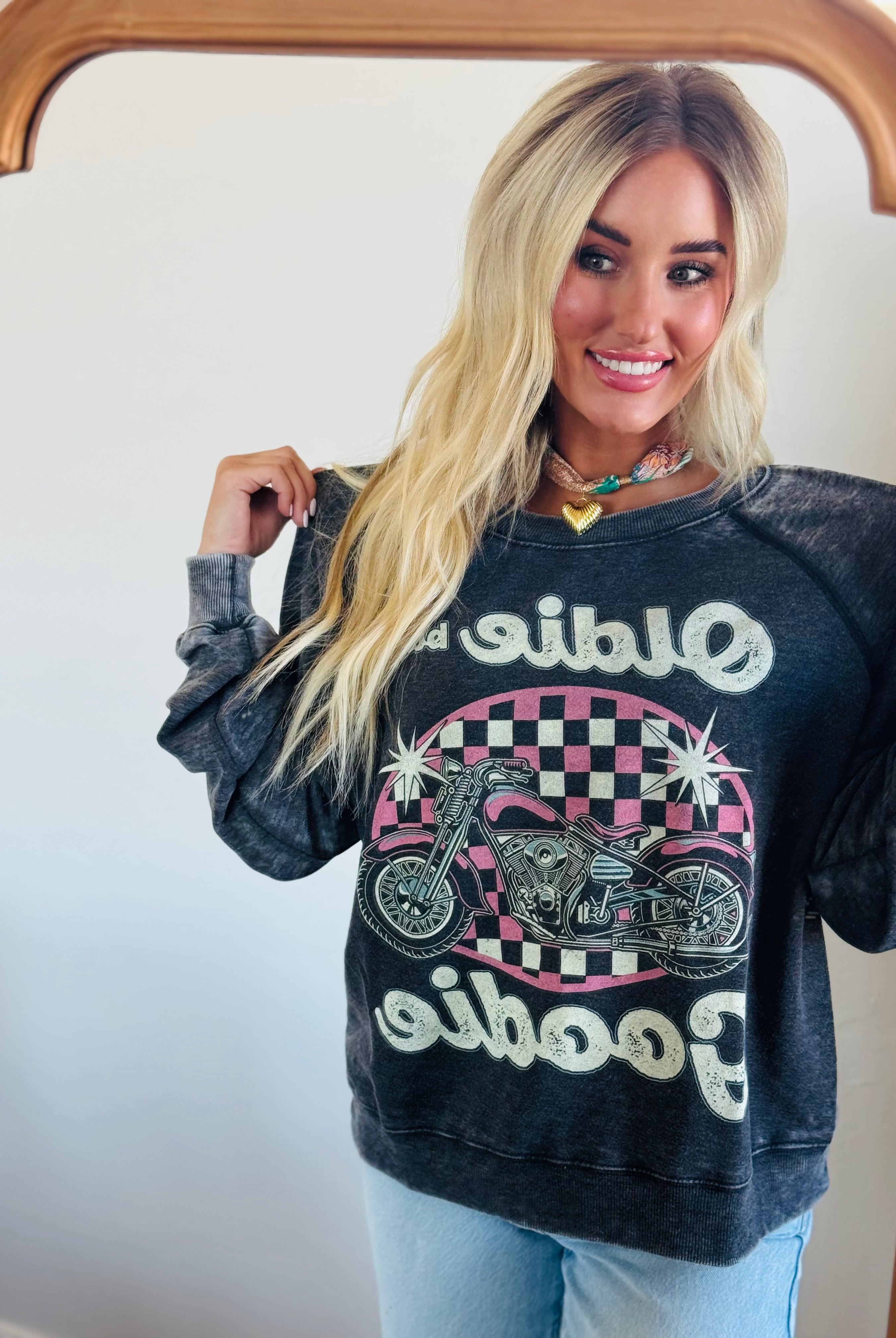 Vintage inspired OLDIE BUT GOODIE sweatshirt by Recycled Karma, showcasing a worn, washed look ideal for retro fashion lovers.