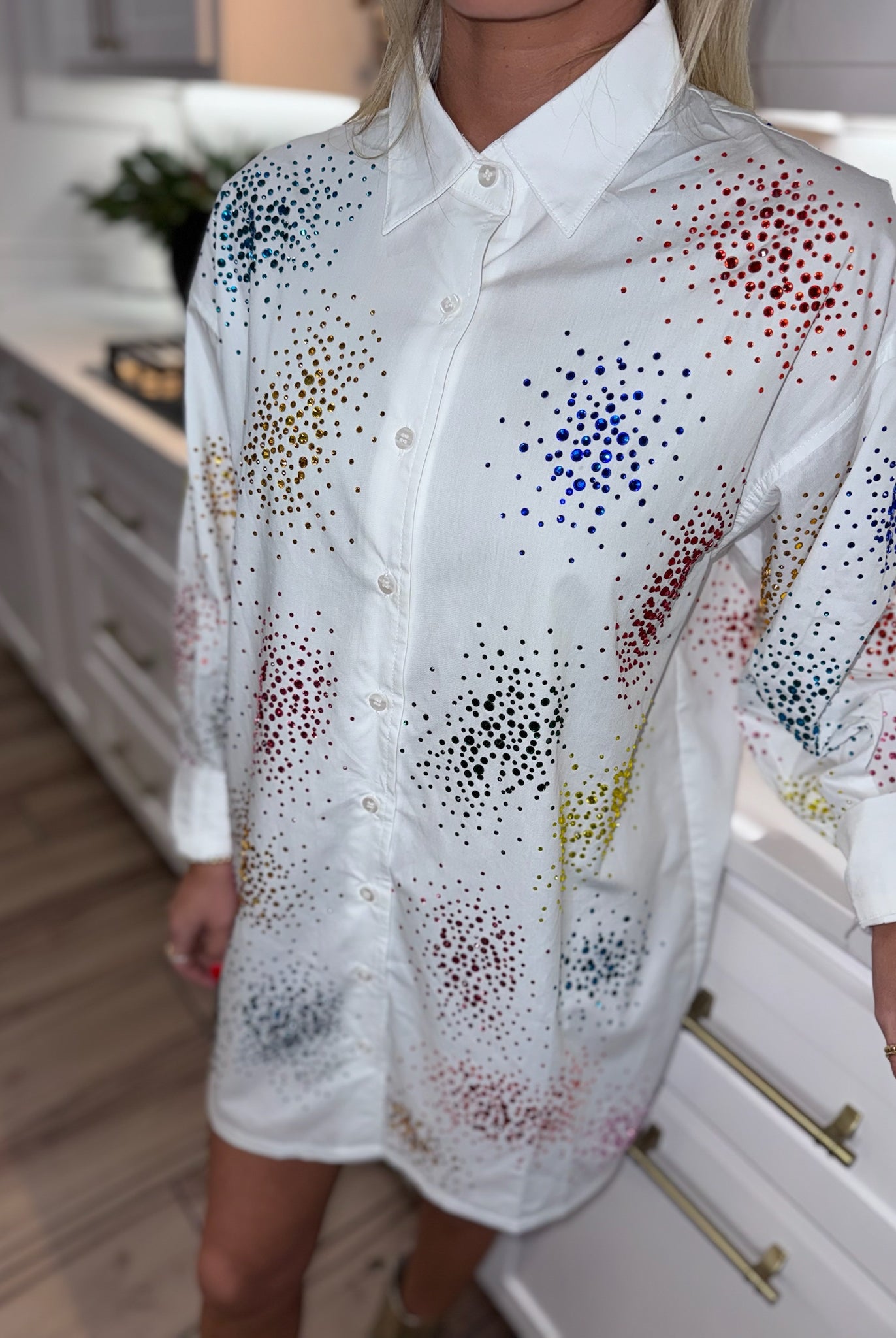 QUEEN OF SPARKLES WHITE SPLATTER BUTTON UP DRESS - Dress