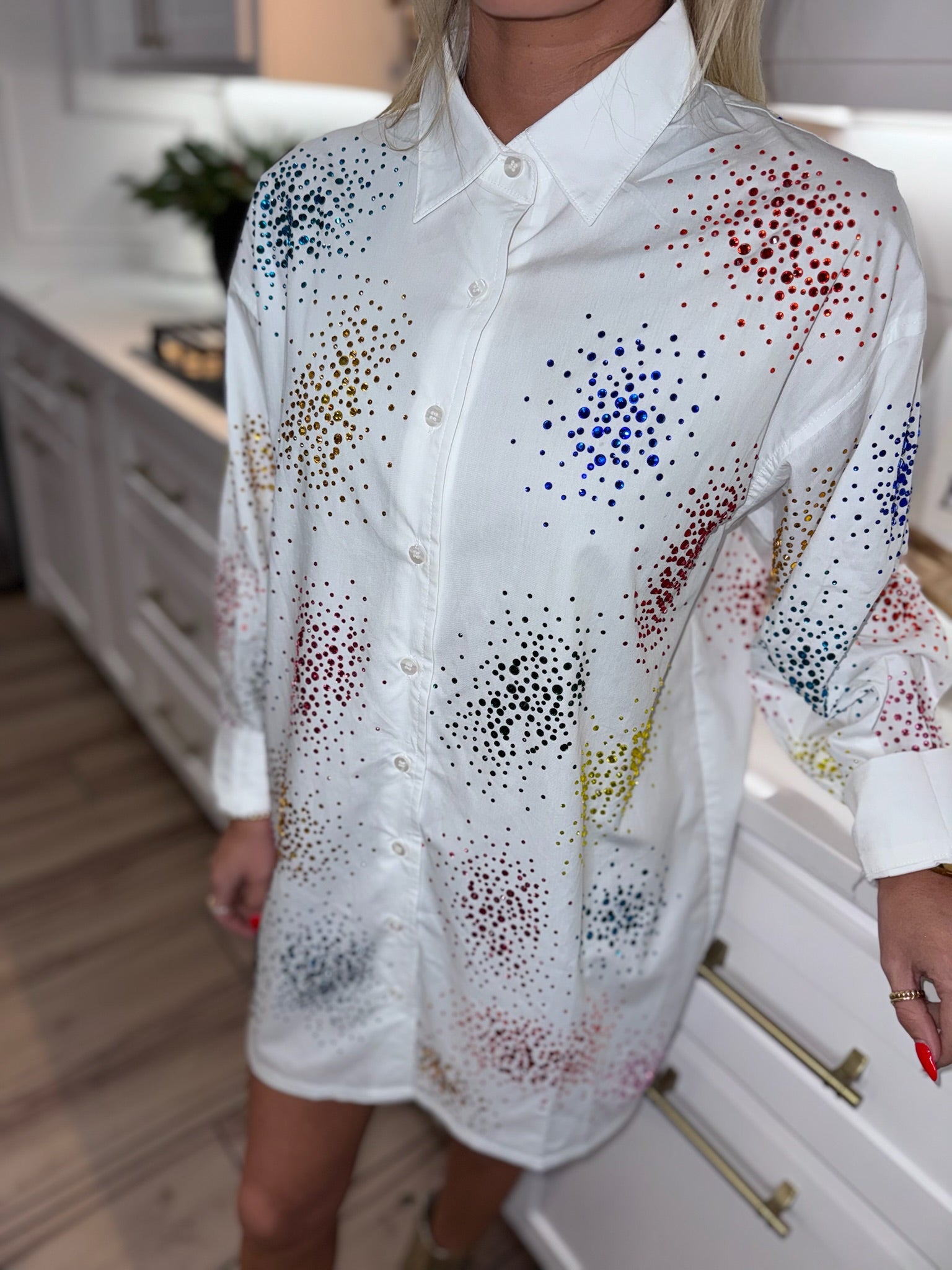 QUEEN OF SPARKLES WHITE SPLATTER BUTTON UP DRESS - Dress