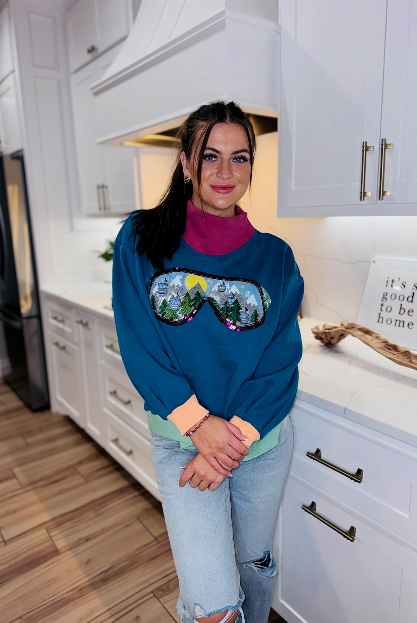 QUEEN OF SPARKLES COLORBLOCK SKI GOGGLE REFLECTION MOCK NECK SWEATSHIRT - Tops