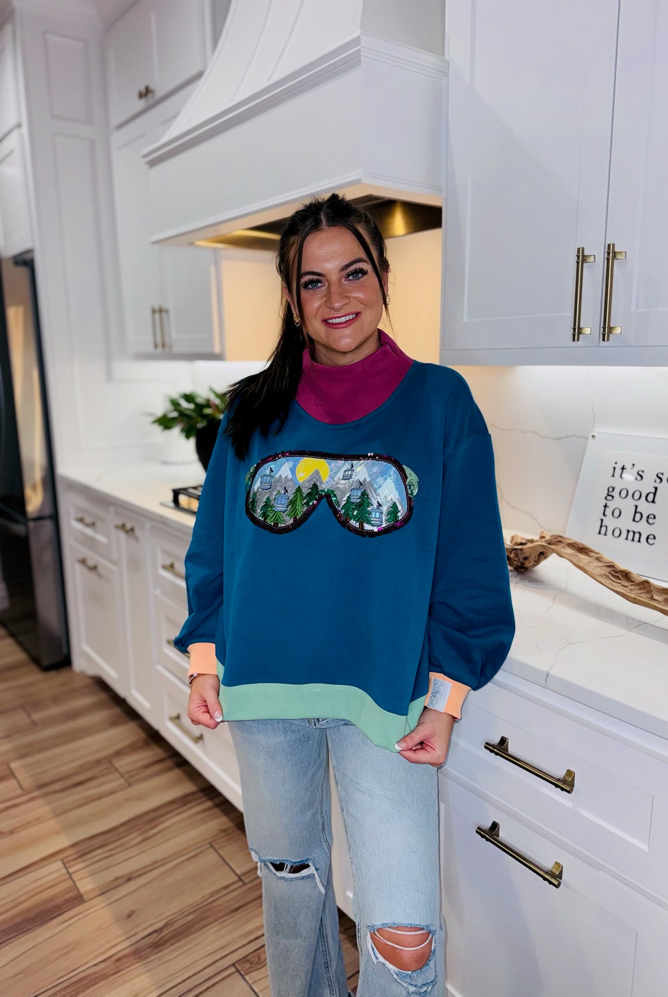 QUEEN OF SPARKLES COLORBLOCK SKI GOGGLE REFLECTION MOCK NECK SWEATSHIRT - Tops