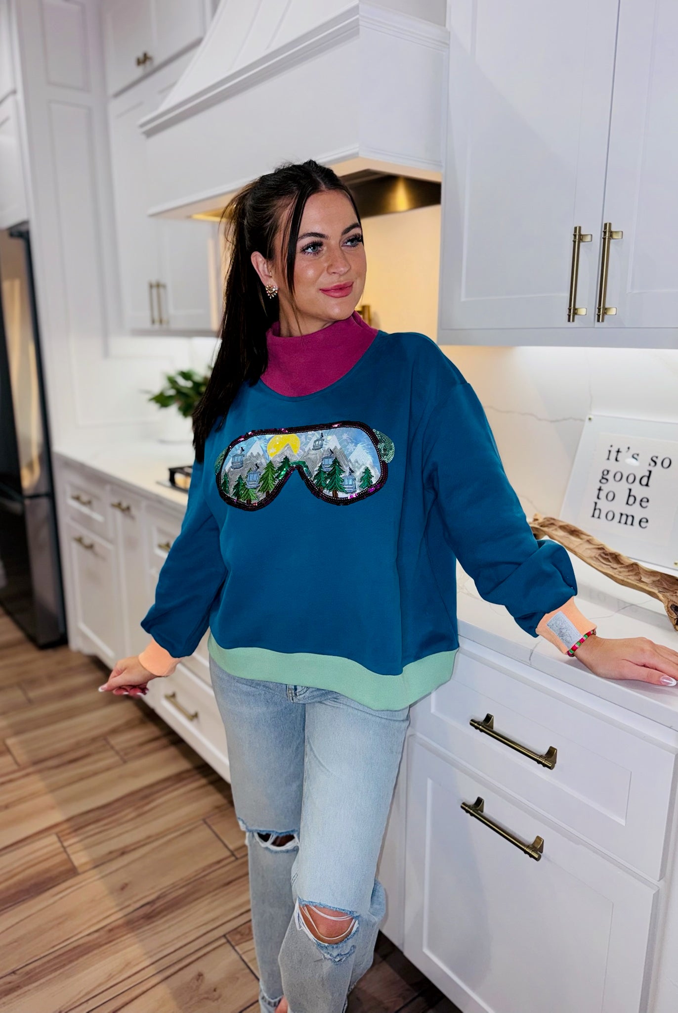 QUEEN OF SPARKLES COLORBLOCK SKI GOGGLE REFLECTION MOCK NECK SWEATSHIRT - Tops