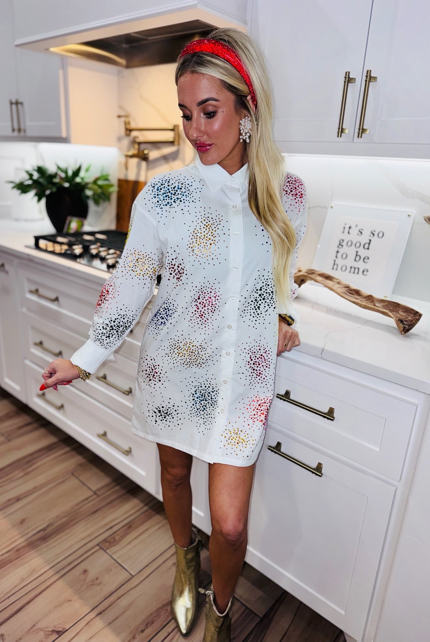 QUEEN OF SPARKLES WHITE SPLATTER BUTTON UP DRESS - Dress