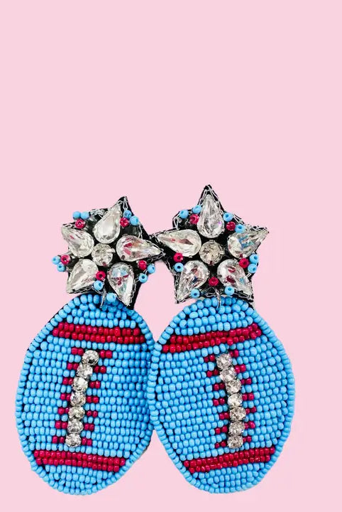 BEADED AND SPARKLING RED AND BLUE FOOTBALL EARRINGS- GAME DAY STATEMENT - Earrings