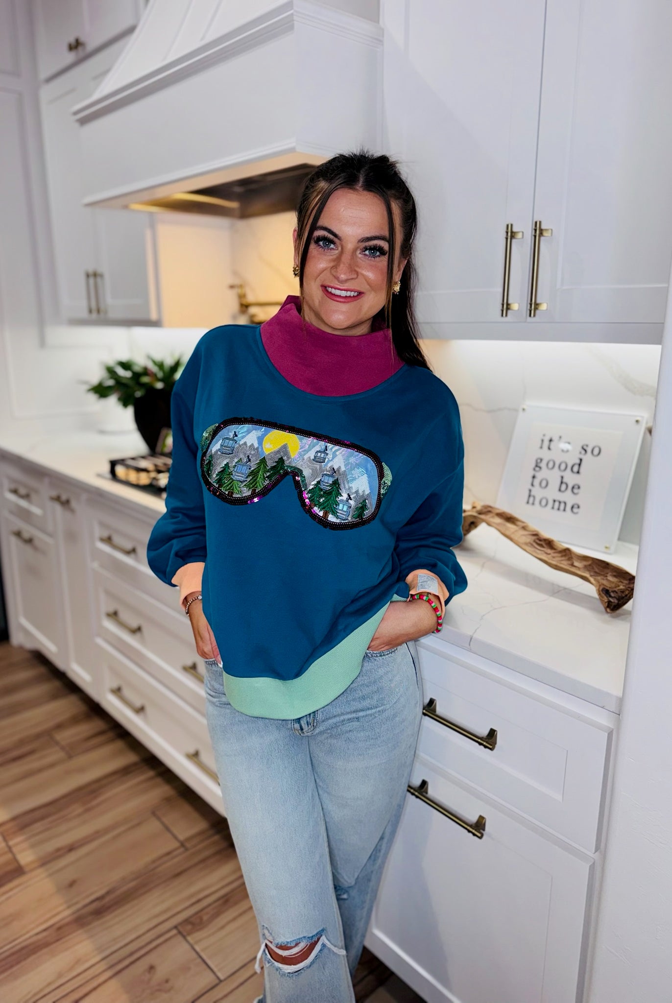 QUEEN OF SPARKLES COLORBLOCK SKI GOGGLE REFLECTION MOCK NECK SWEATSHIRT - Tops
