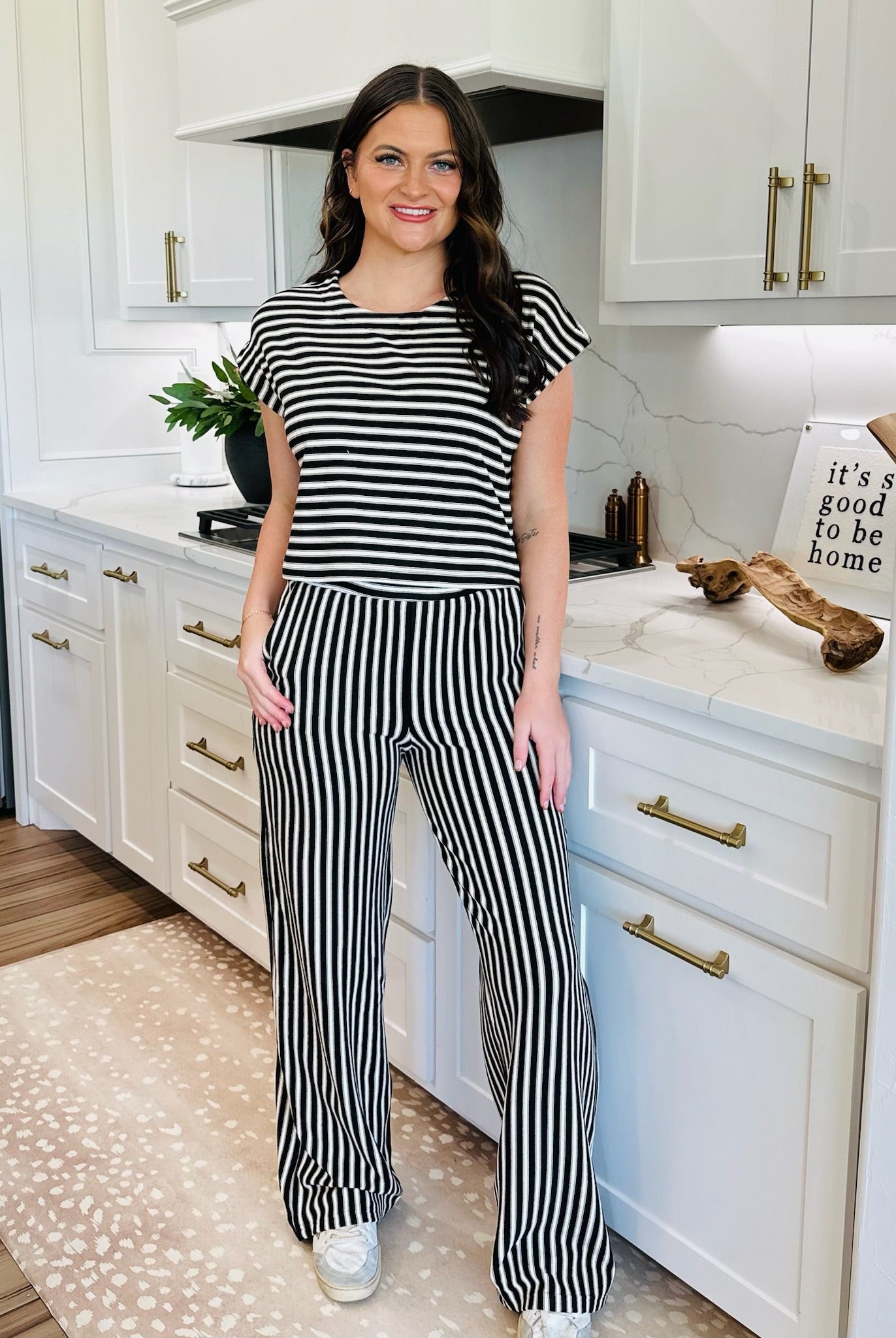 BLACK AND CREAM STRIPED KNIT MATCHING SET - SET