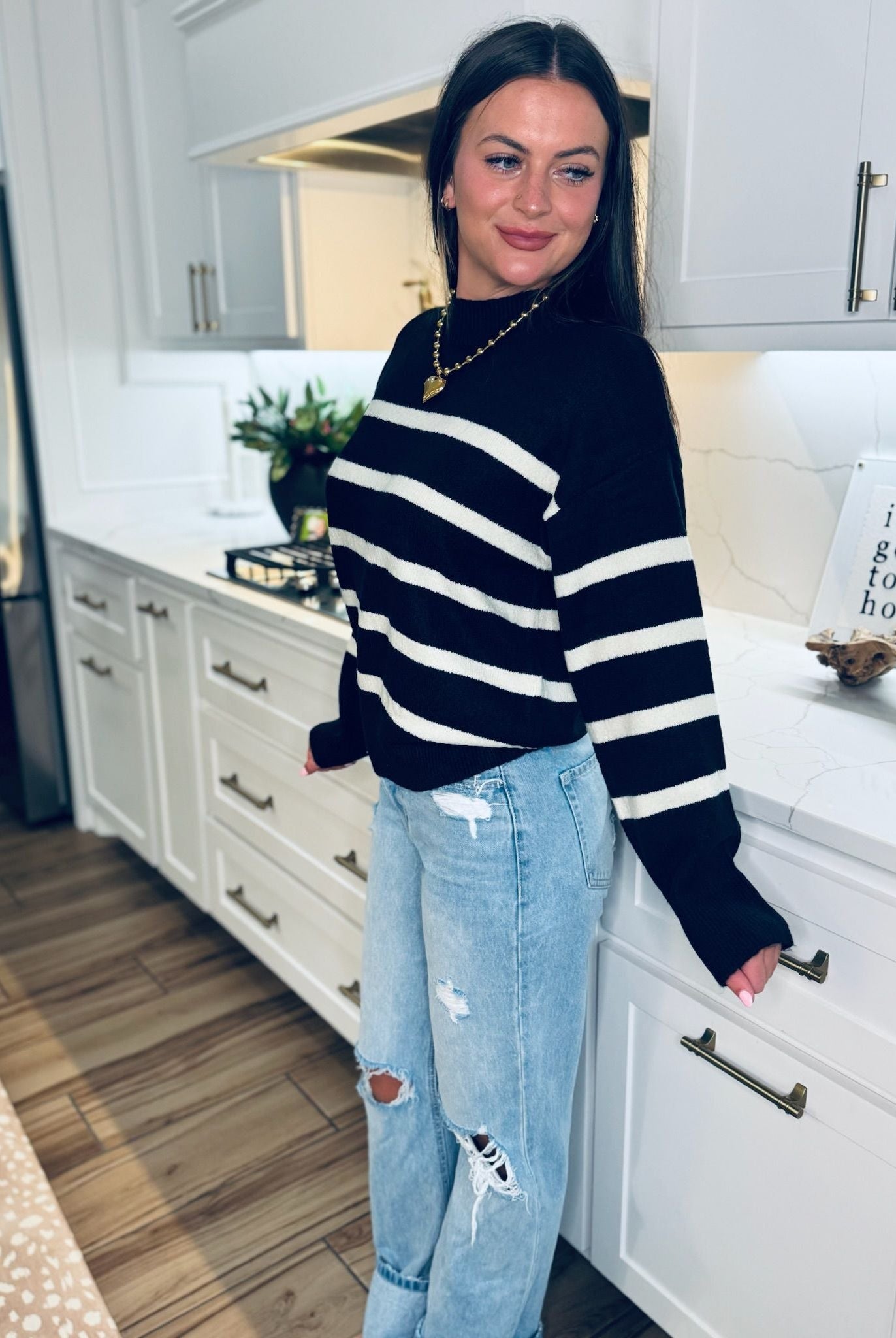 BLACK AND CREAM STRIPED SWEATER - M - Tops