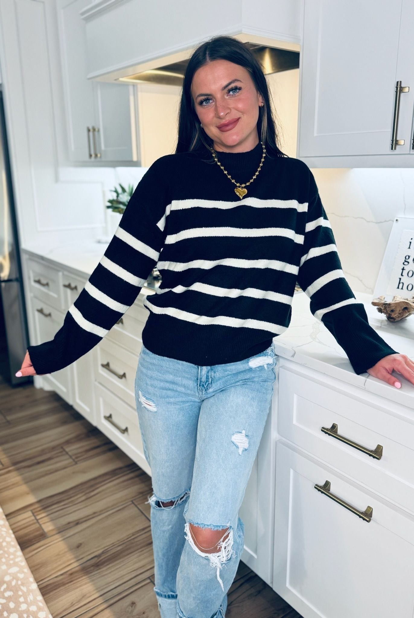 BLACK AND CREAM STRIPED SWEATER - Tops
