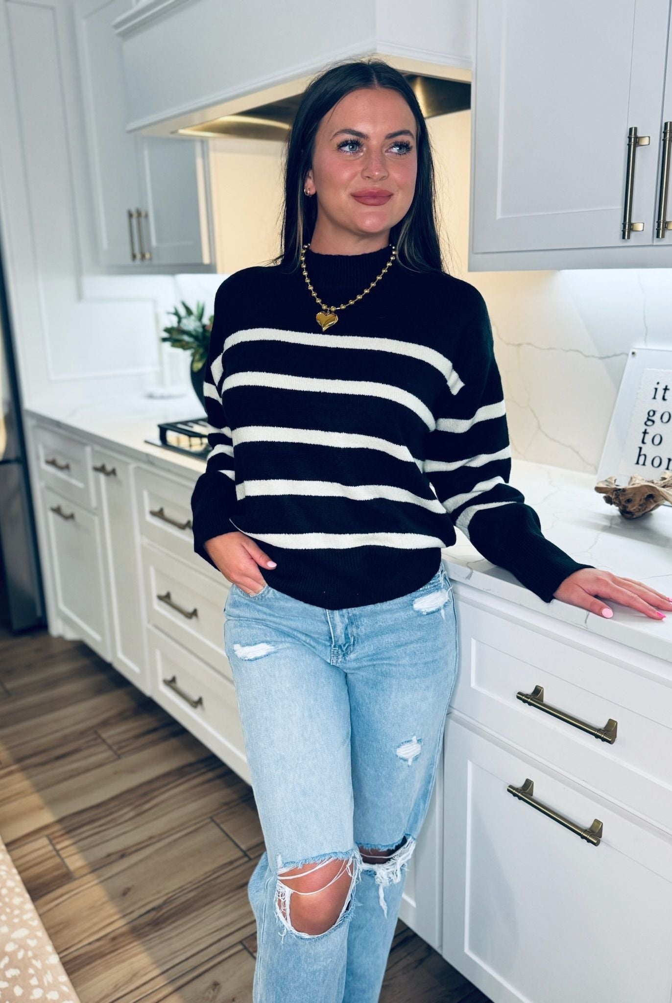 BLACK AND CREAM STRIPED SWEATER - Tops