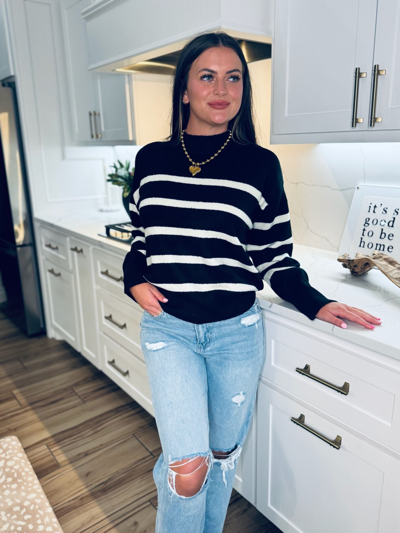 BLACK AND CREAM STRIPED SWEATER - Tops