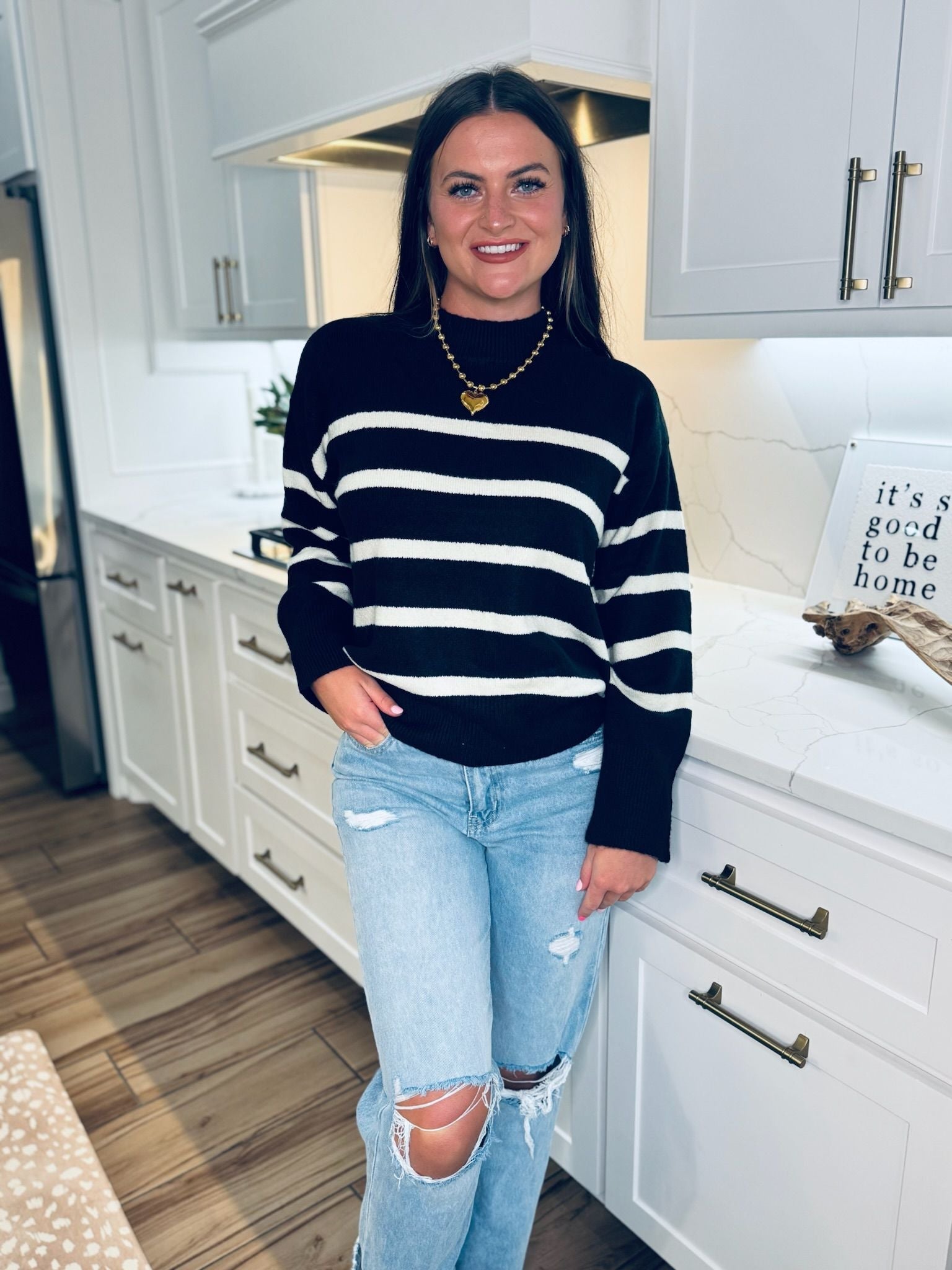 BLACK AND CREAM STRIPED SWEATER - Tops