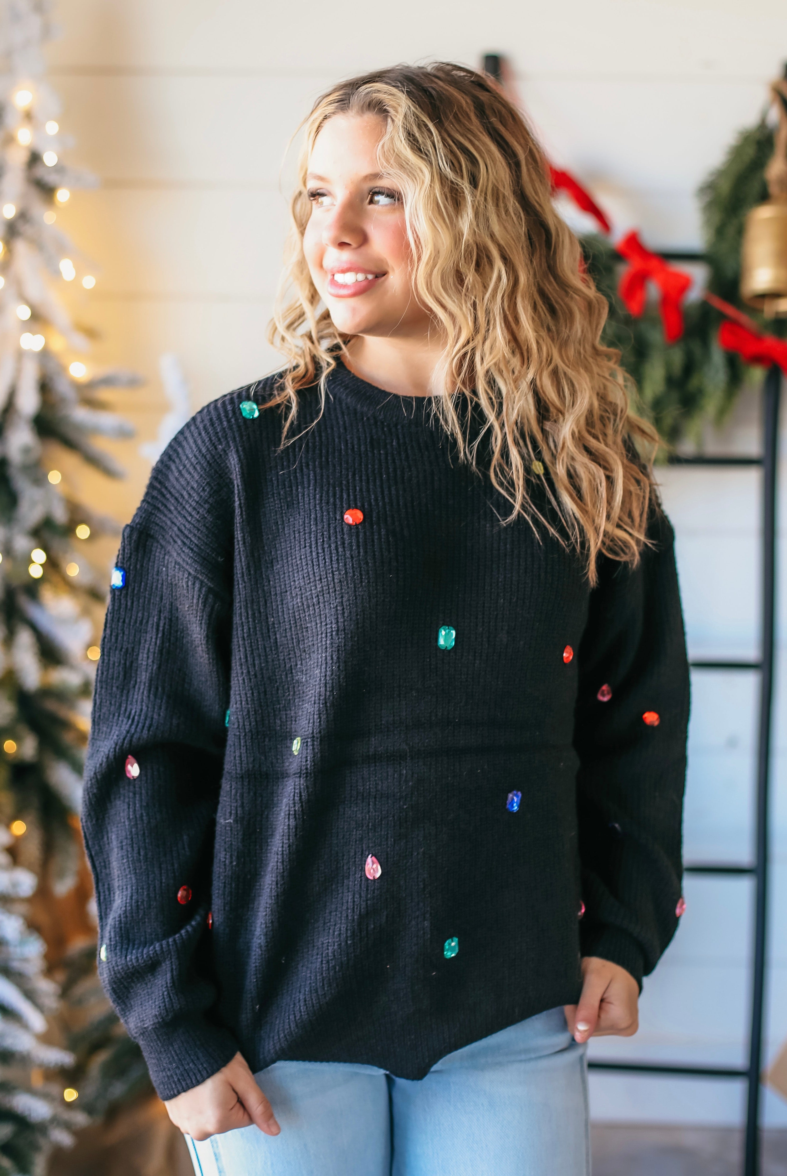 BLACK MULTI- COLOR JEWELED SWEATER