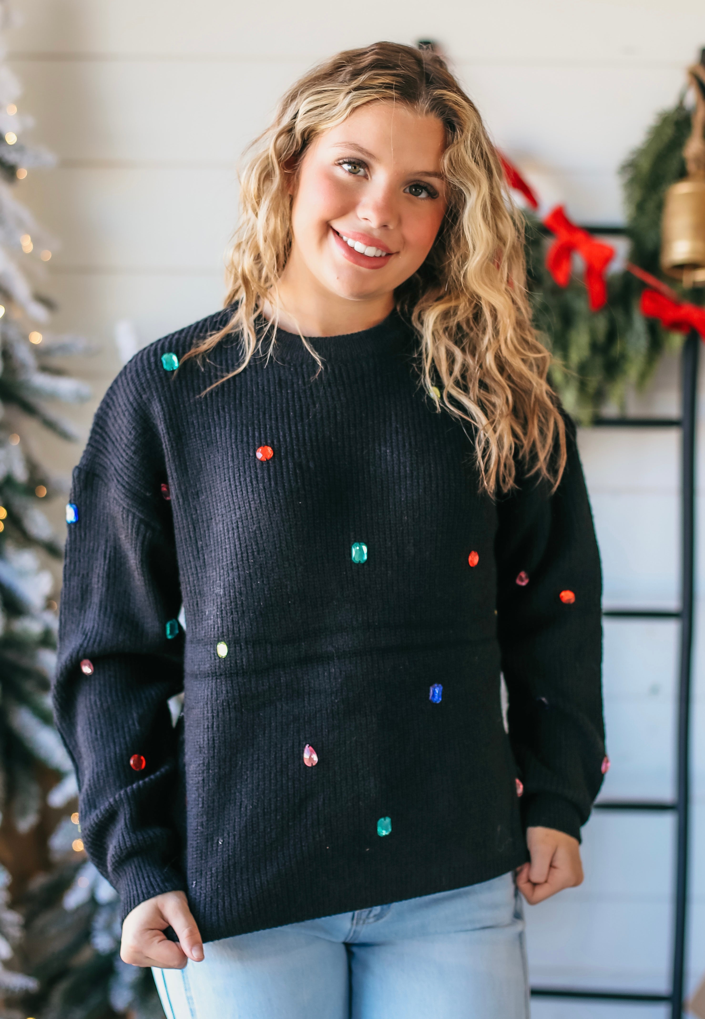 BLACK MULTI- COLOR JEWELED SWEATER