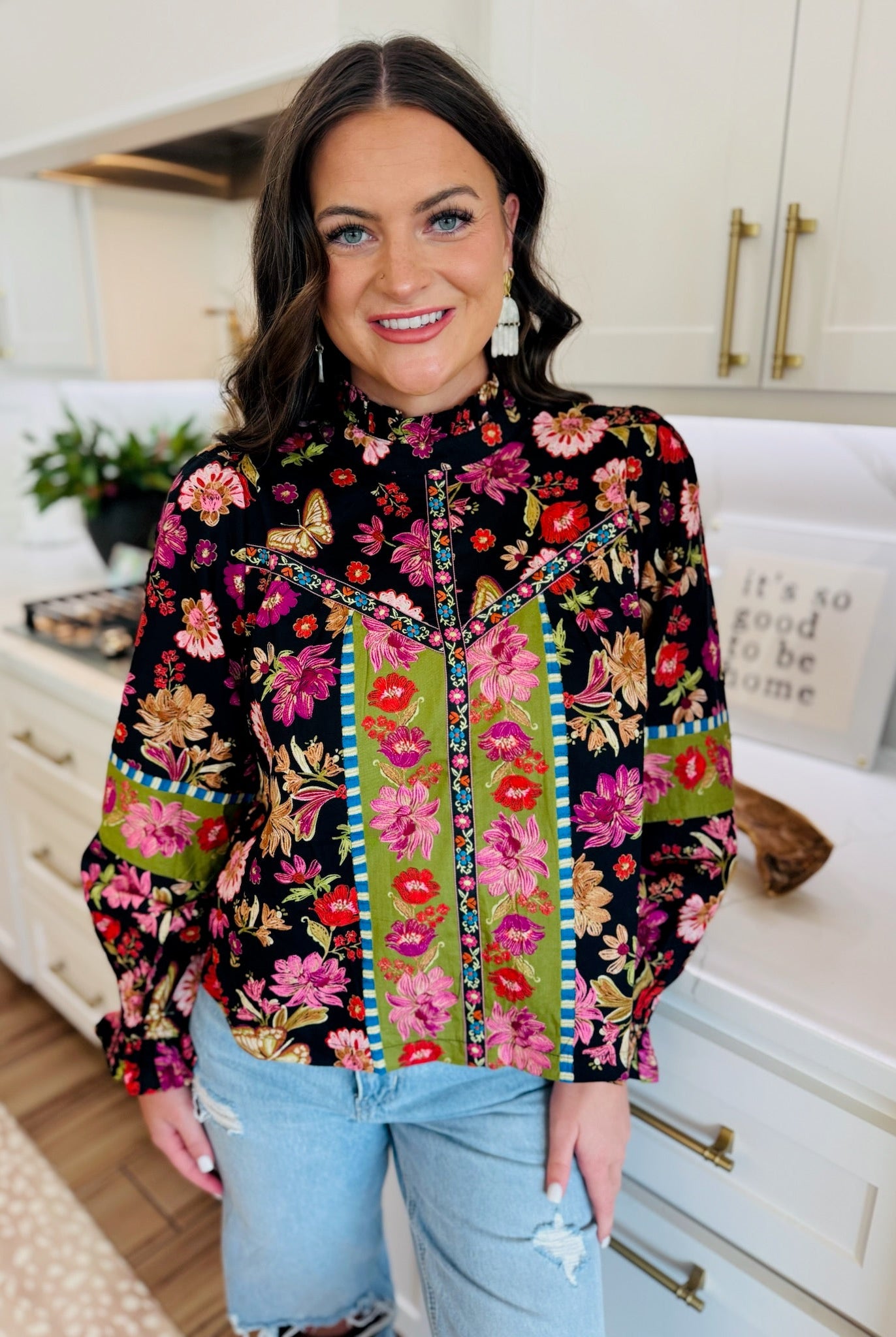 BLACK MULTI FLORAL PRINT TOP - Tops