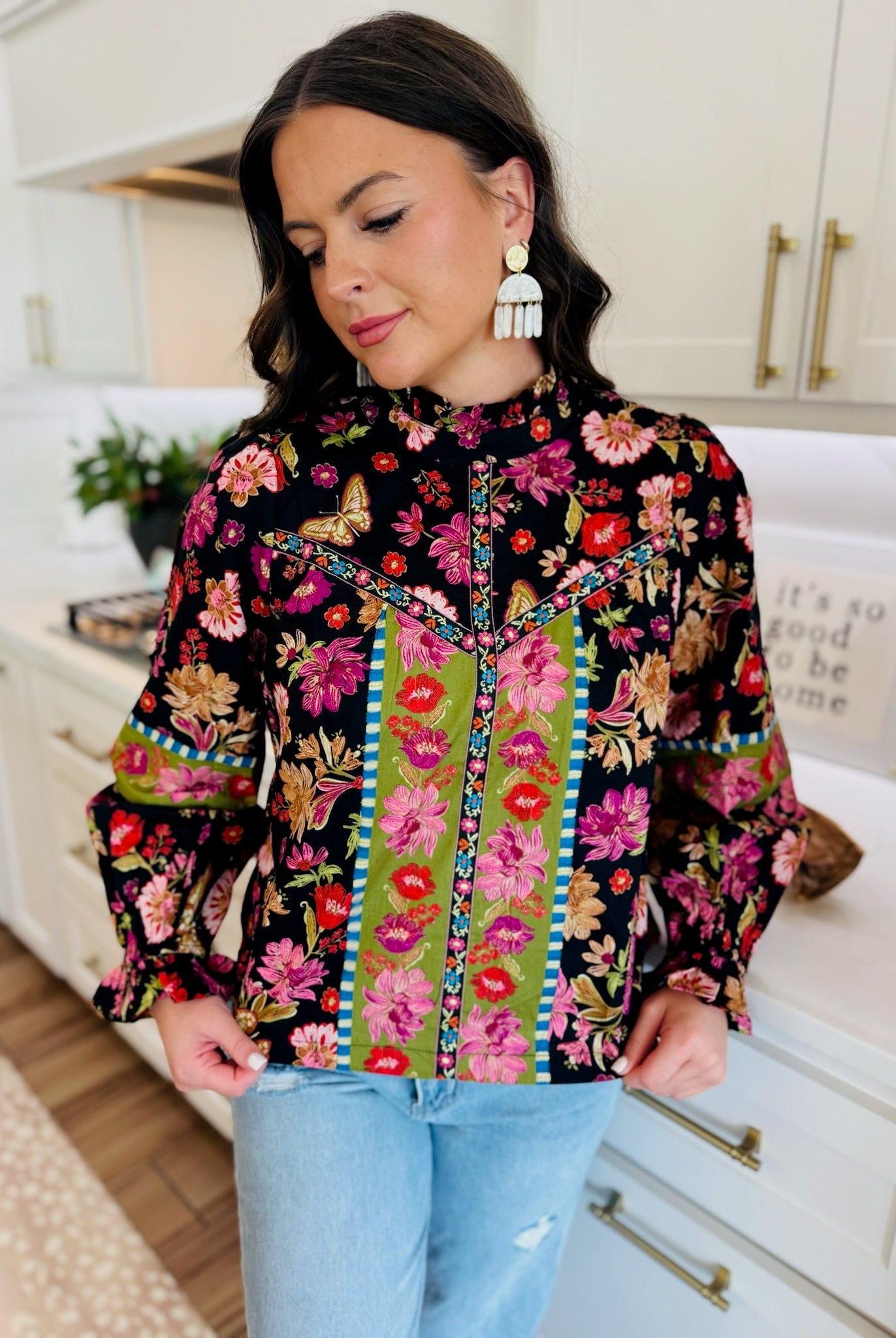 BLACK MULTI FLORAL PRINT TOP - Tops