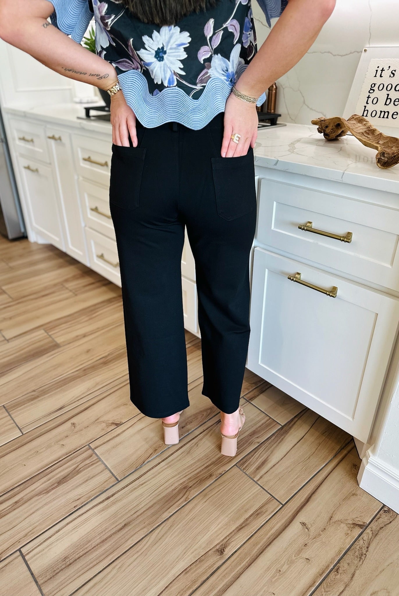 BLACK PONTE WIDE LEG PANTS- VERSATILE TWO POCKET STYLE - Bottoms
