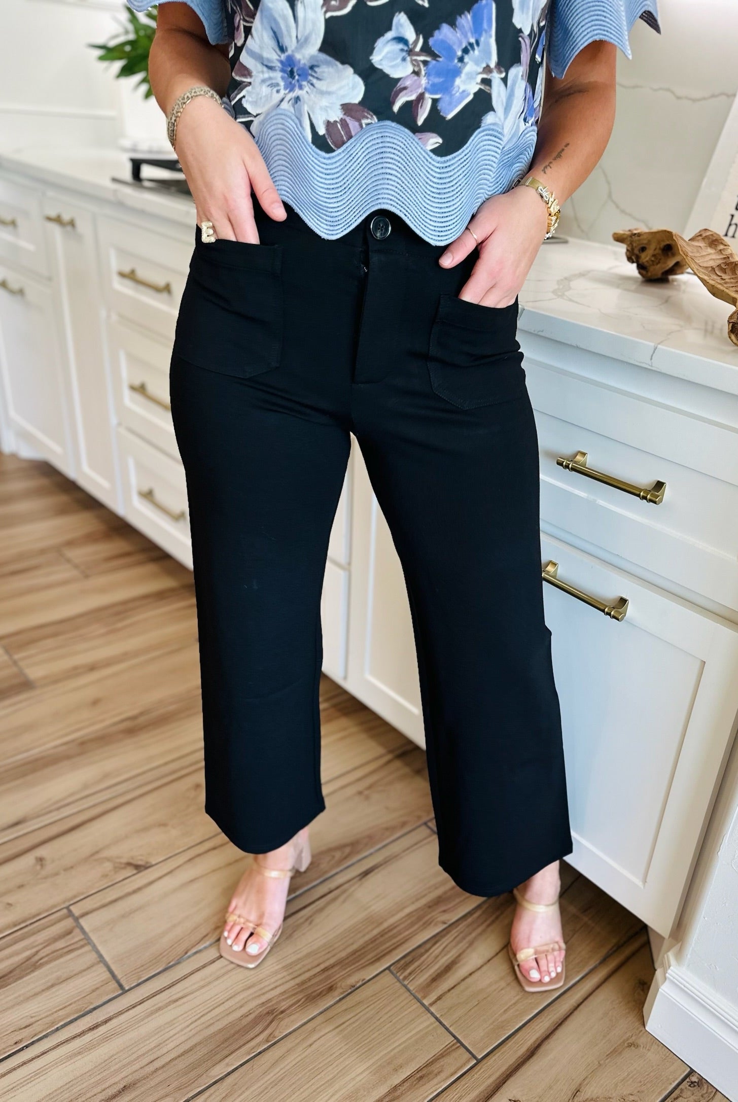 BLACK PONTE WIDE LEG PANTS- VERSATILE TWO POCKET STYLE - Bottoms