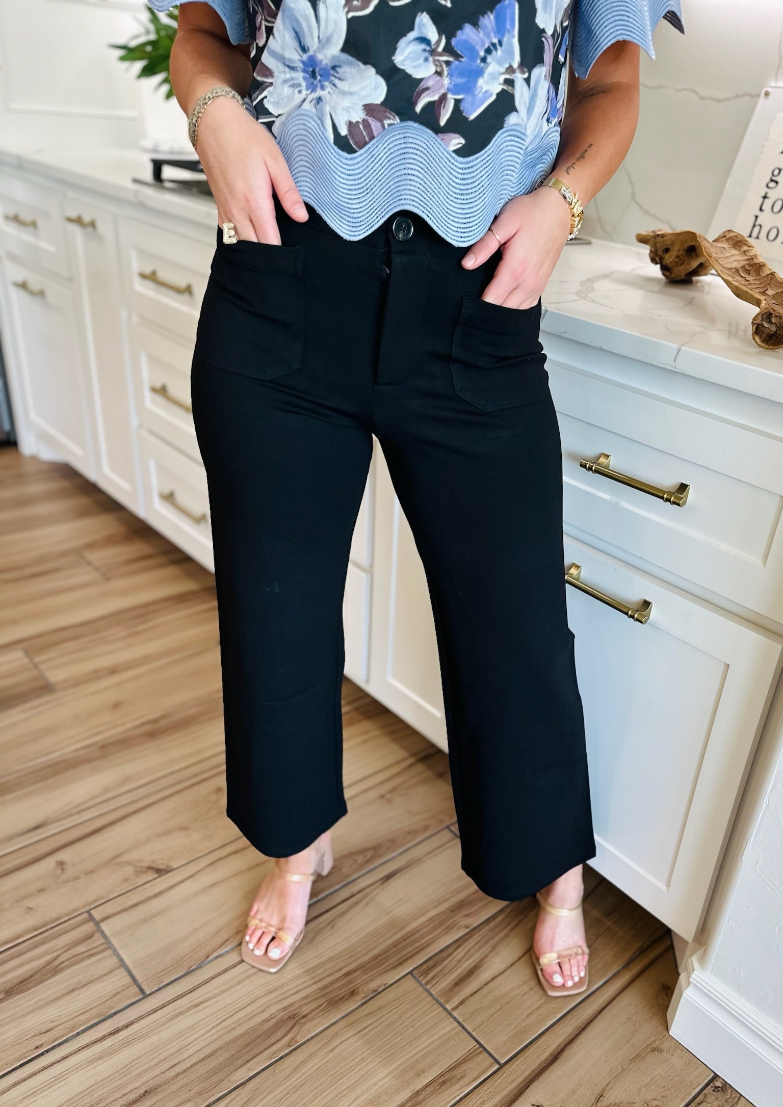BLACK PONTE WIDE LEG PANTS- VERSATILE TWO POCKET STYLE - Bottoms