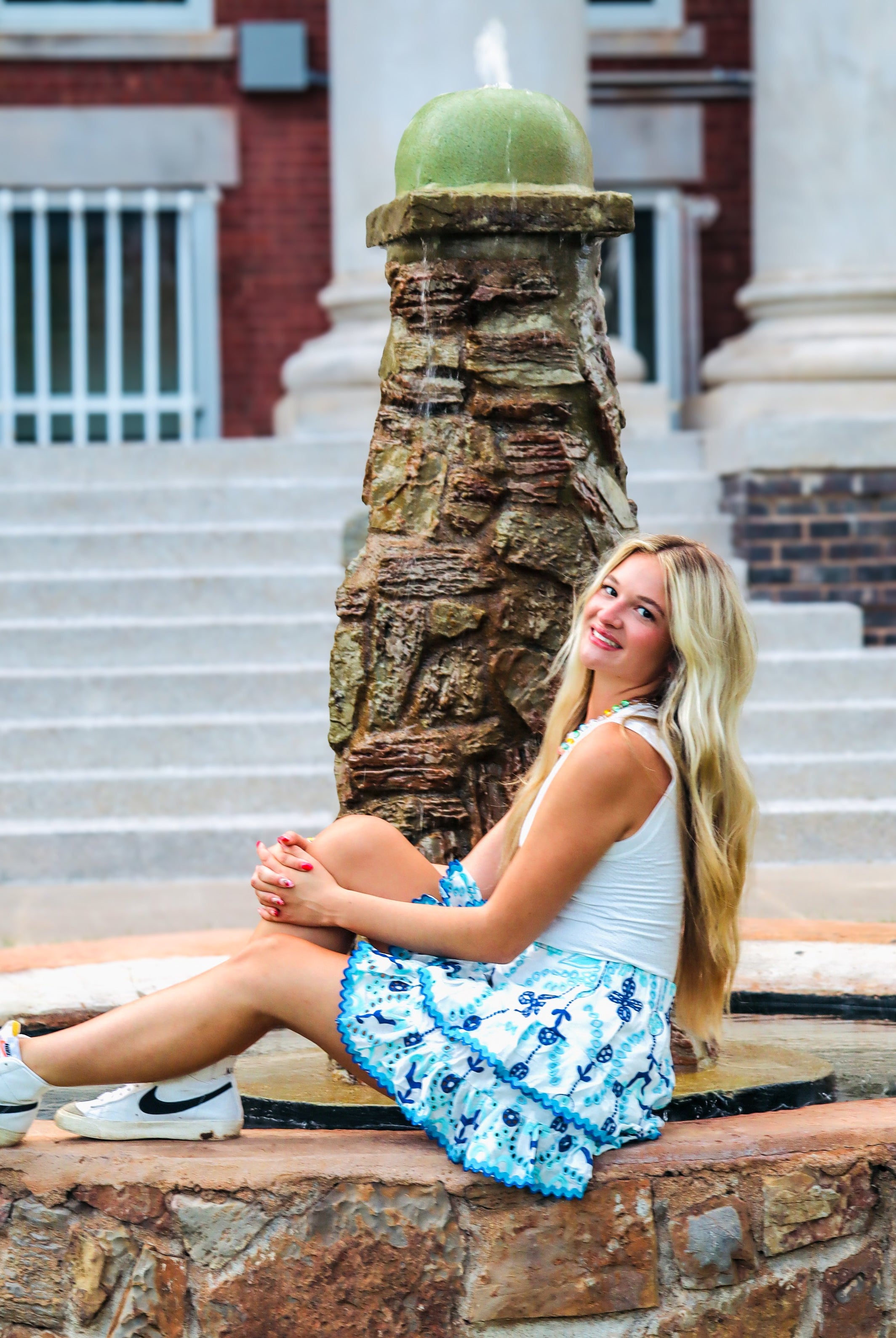 BLUE AND WHITE EYELET SKIRT AND RIC RAC TRIM DETAIL - Bottoms