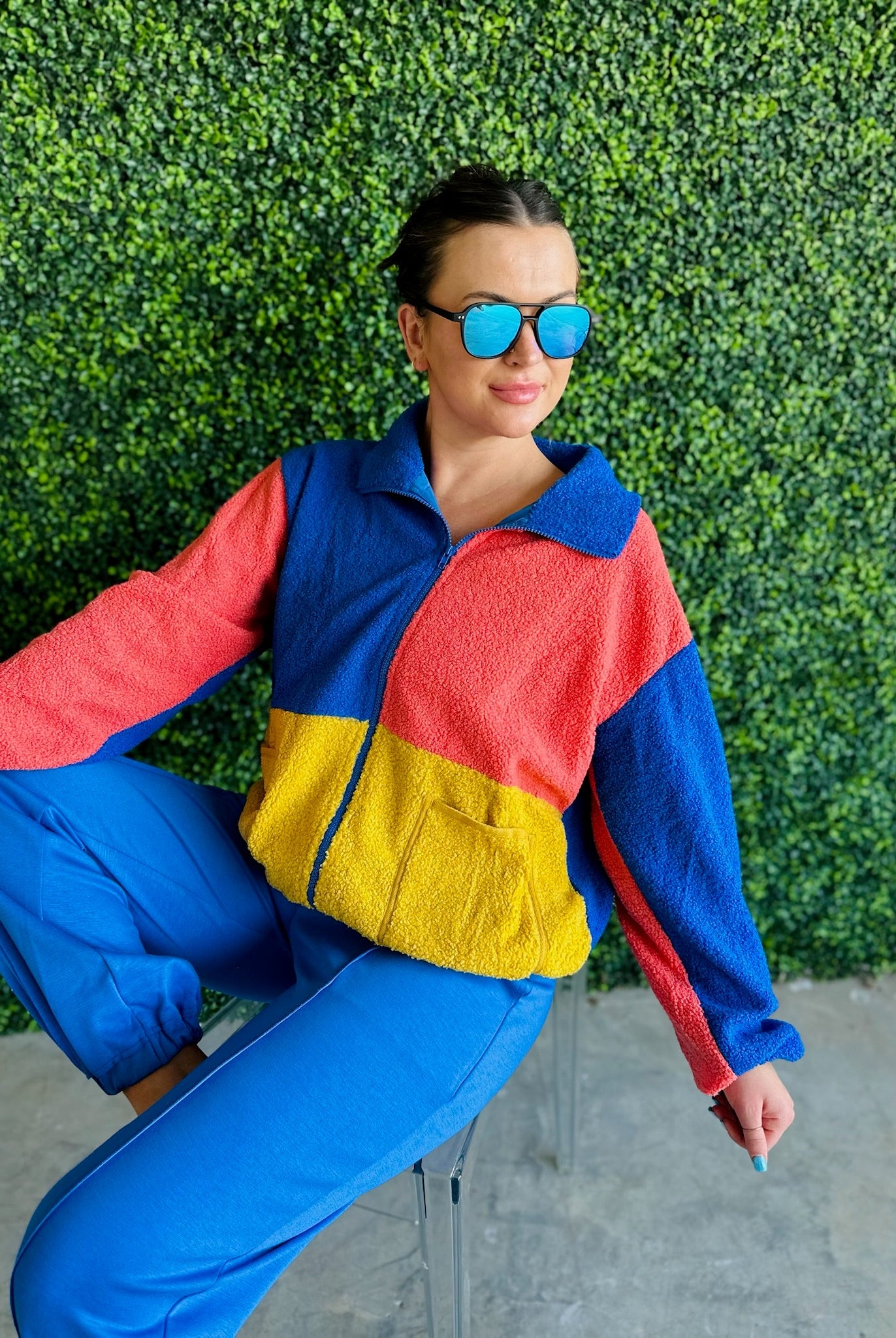 BLUE ORANGE AND GOLD SHERPA COLOR BLOCK ZIP UP JACKET