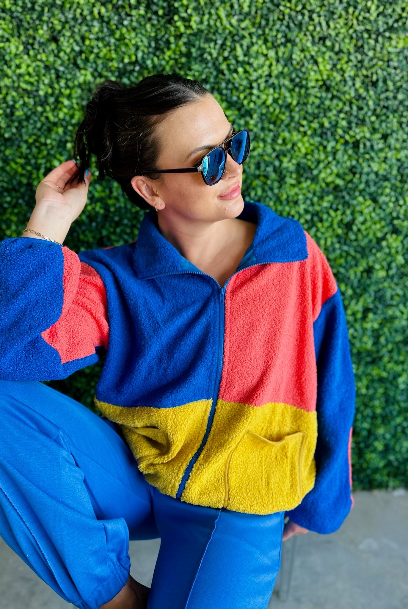 BLUE ORANGE AND GOLD SHERPA COLOR BLOCK ZIP UP JACKET