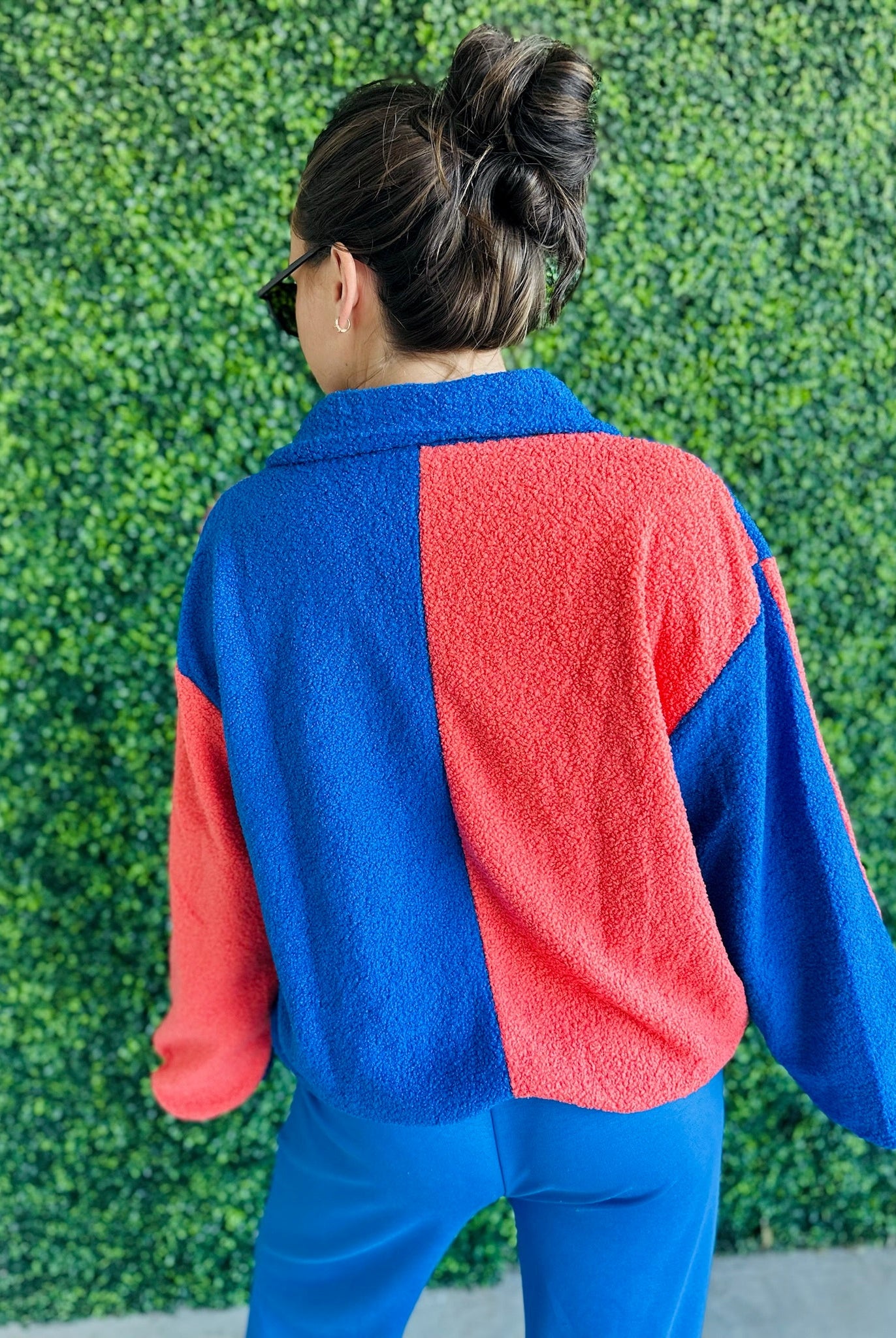 BLUE ORANGE AND GOLD SHERPA COLOR BLOCK ZIP UP JACKET