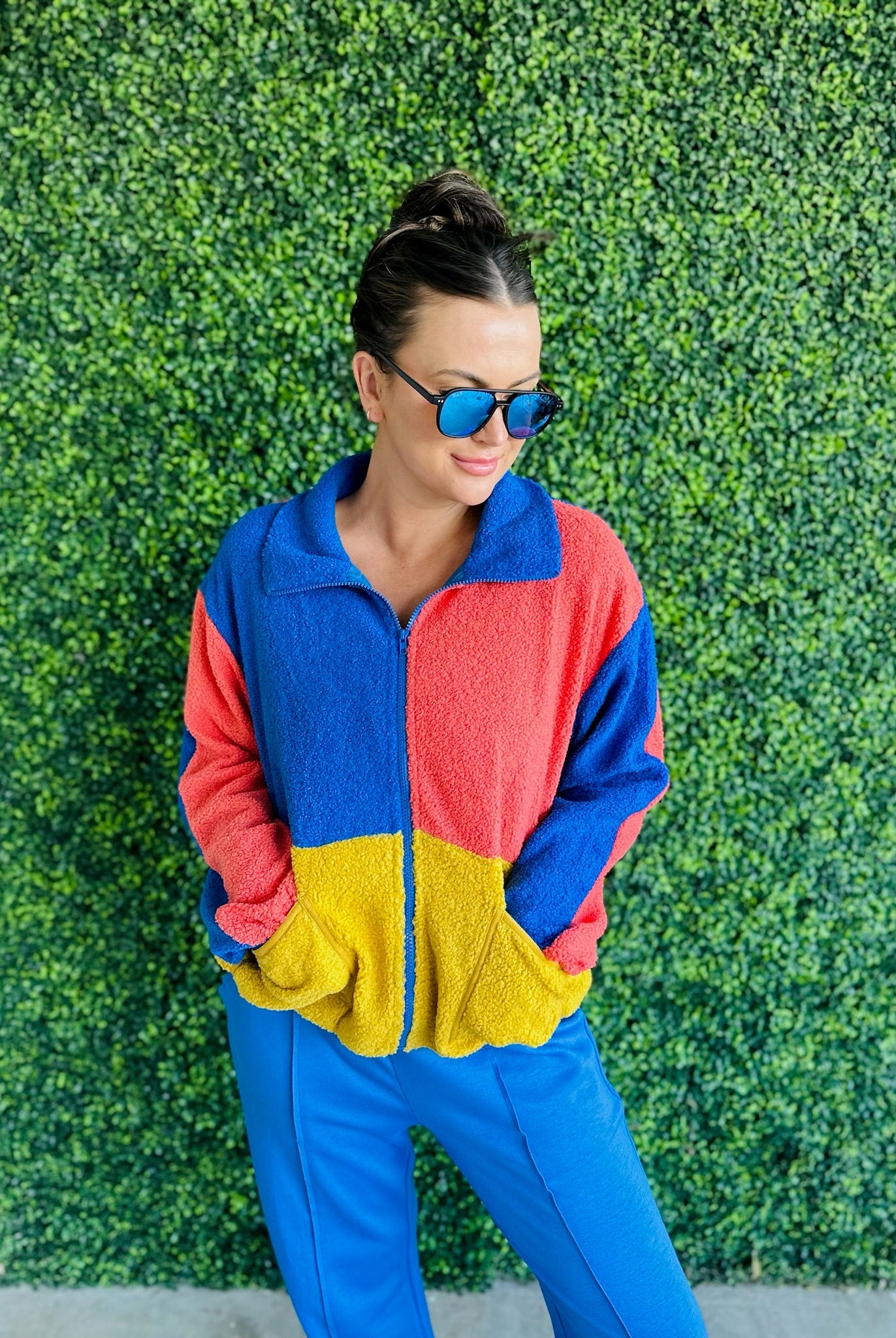 BLUE ORANGE AND GOLD SHERPA COLOR BLOCK ZIP UP JACKET