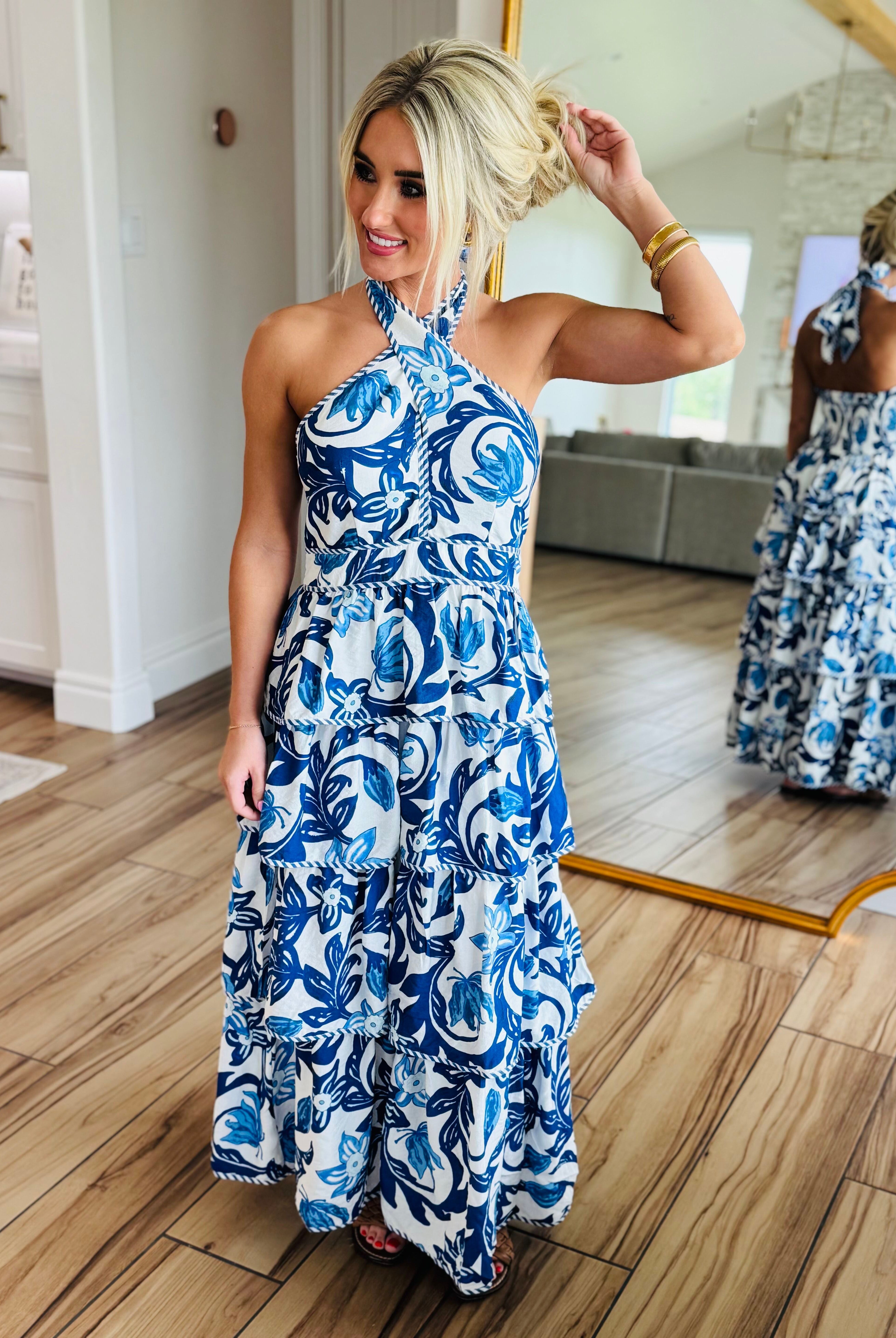 BLUE PAISLEY TIERED HALTER DRESS - Dress