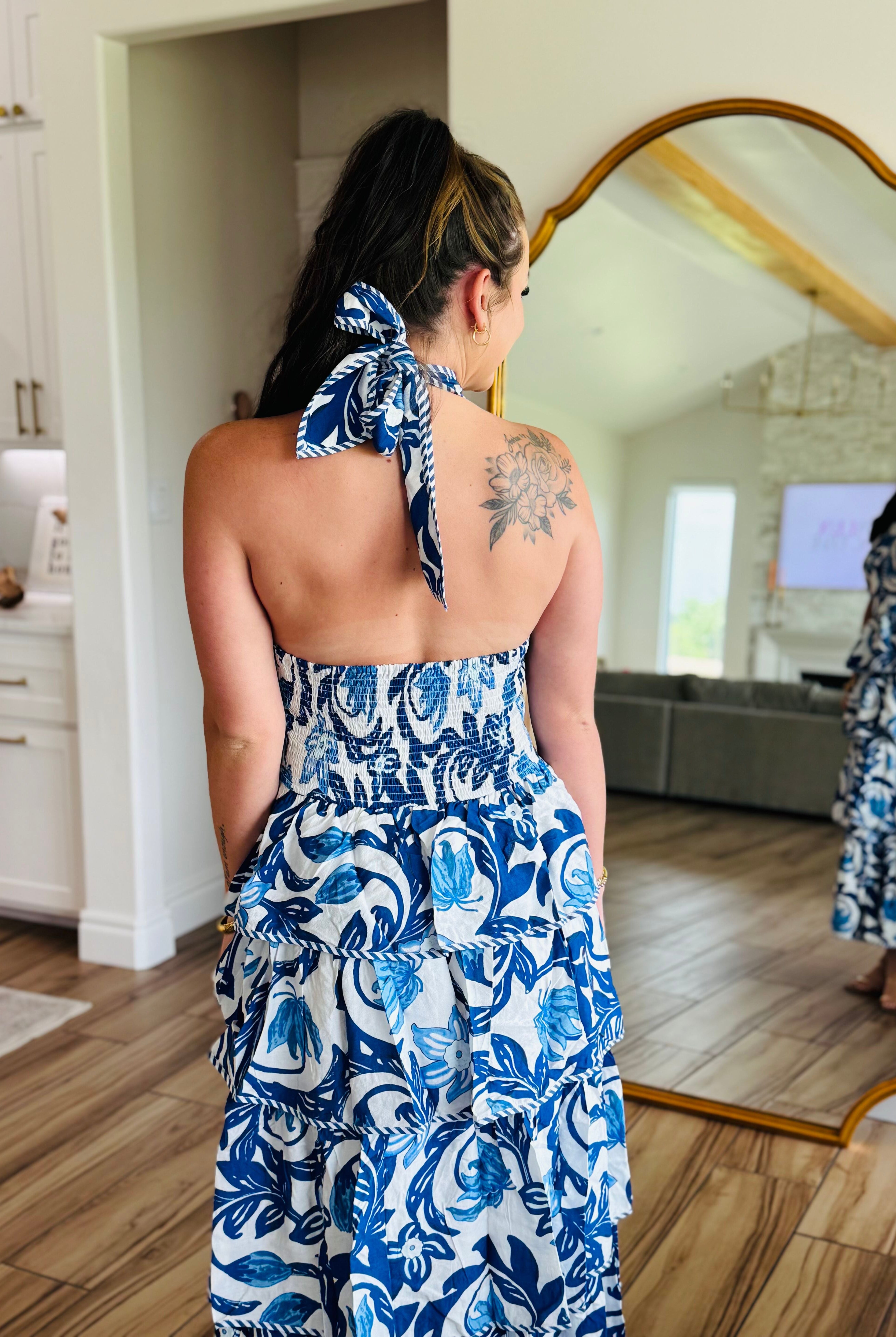 BLUE PAISLEY TIERED HALTER DRESS - Dress