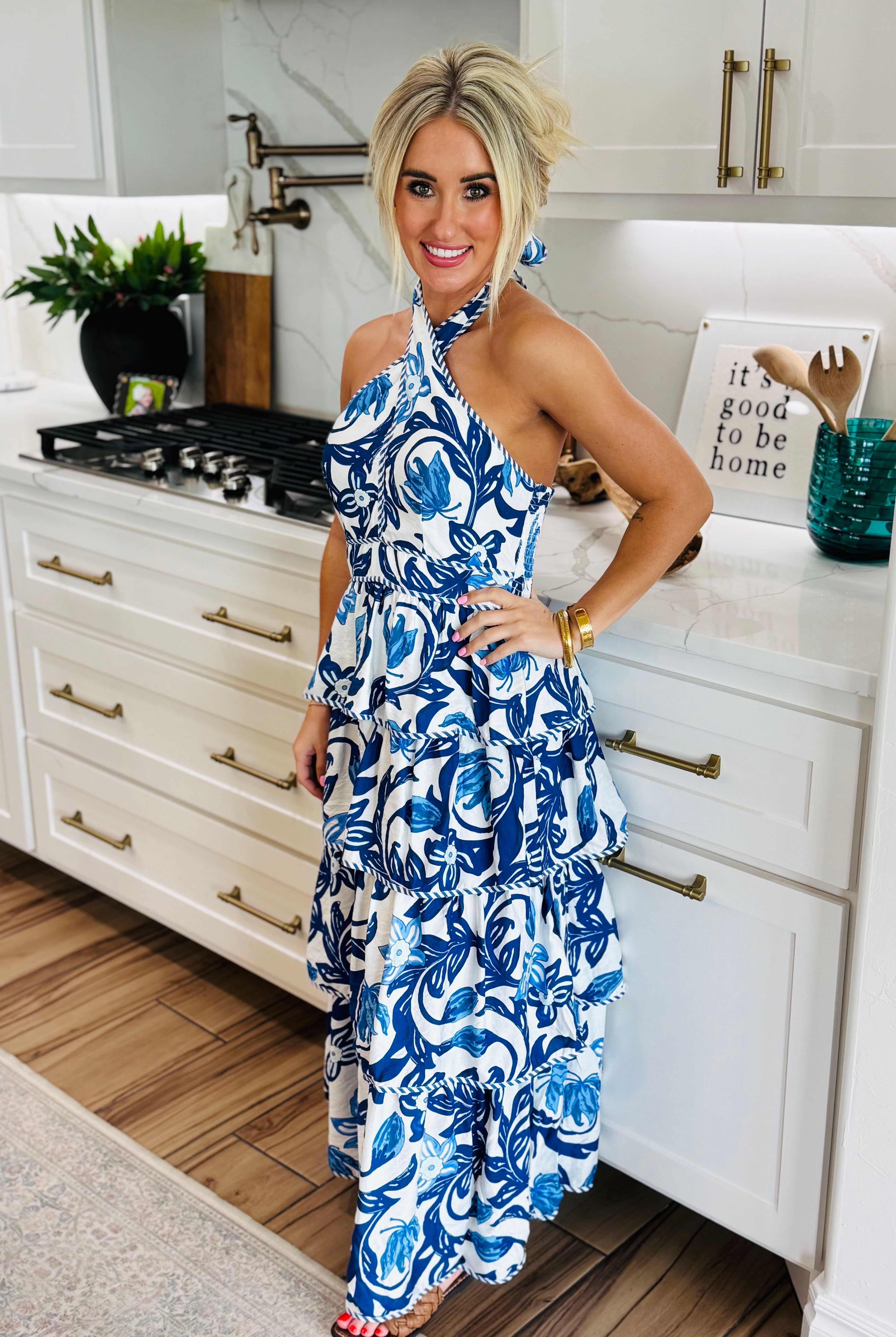 BLUE PAISLEY TIERED HALTER DRESS - Dress