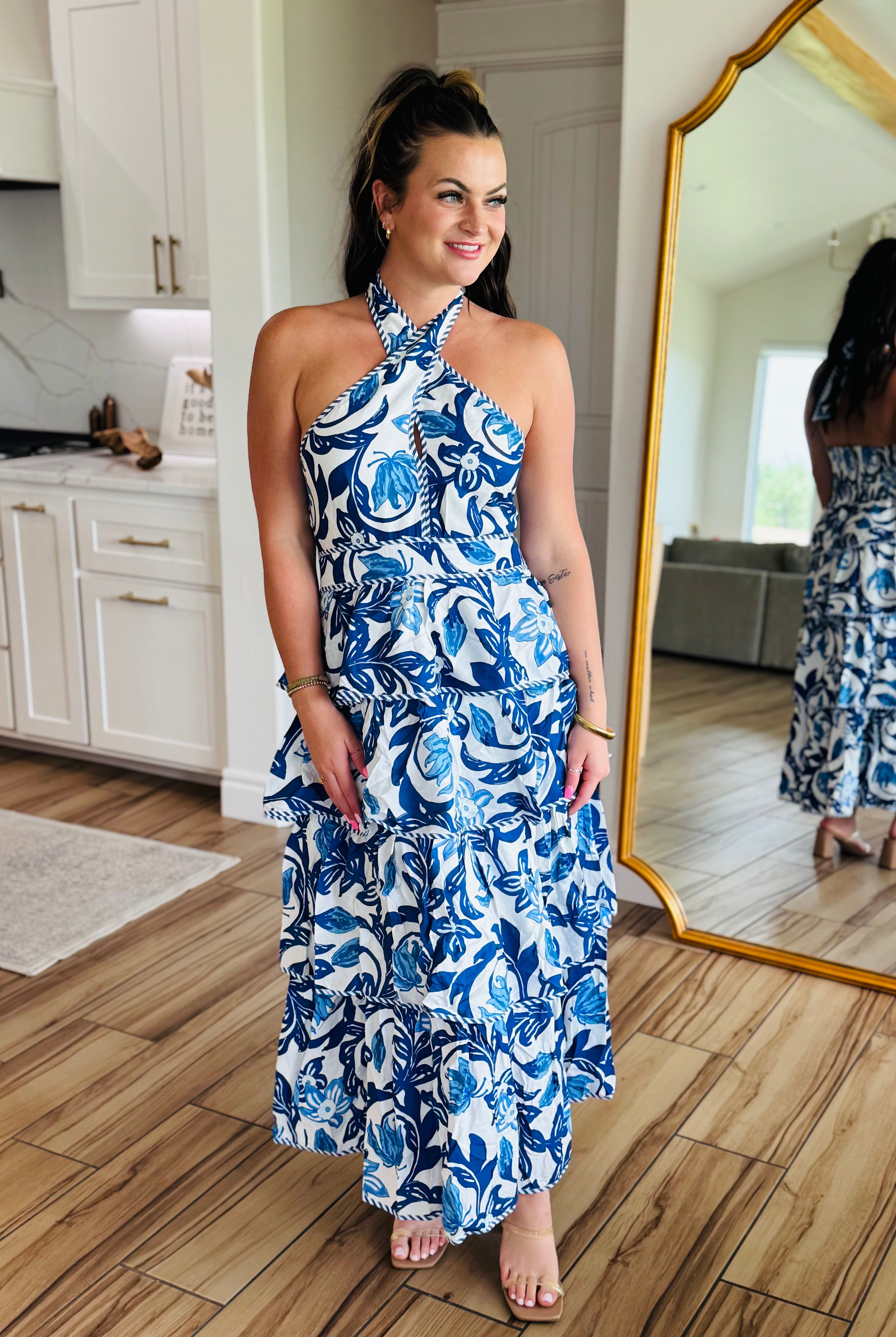 BLUE PAISLEY TIERED HALTER DRESS - Dress