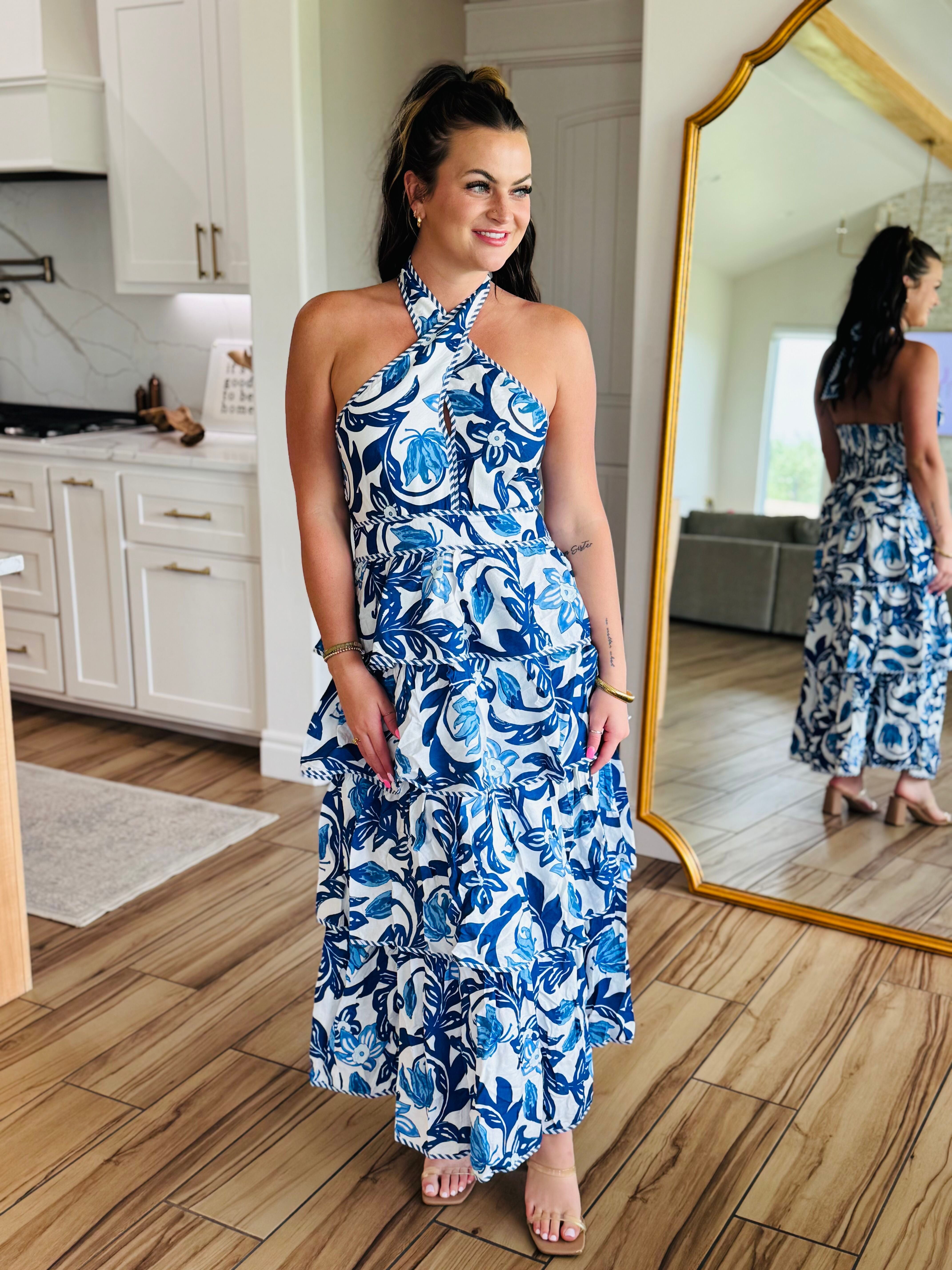 BLUE PAISLEY TIERED HALTER DRESS - Dress