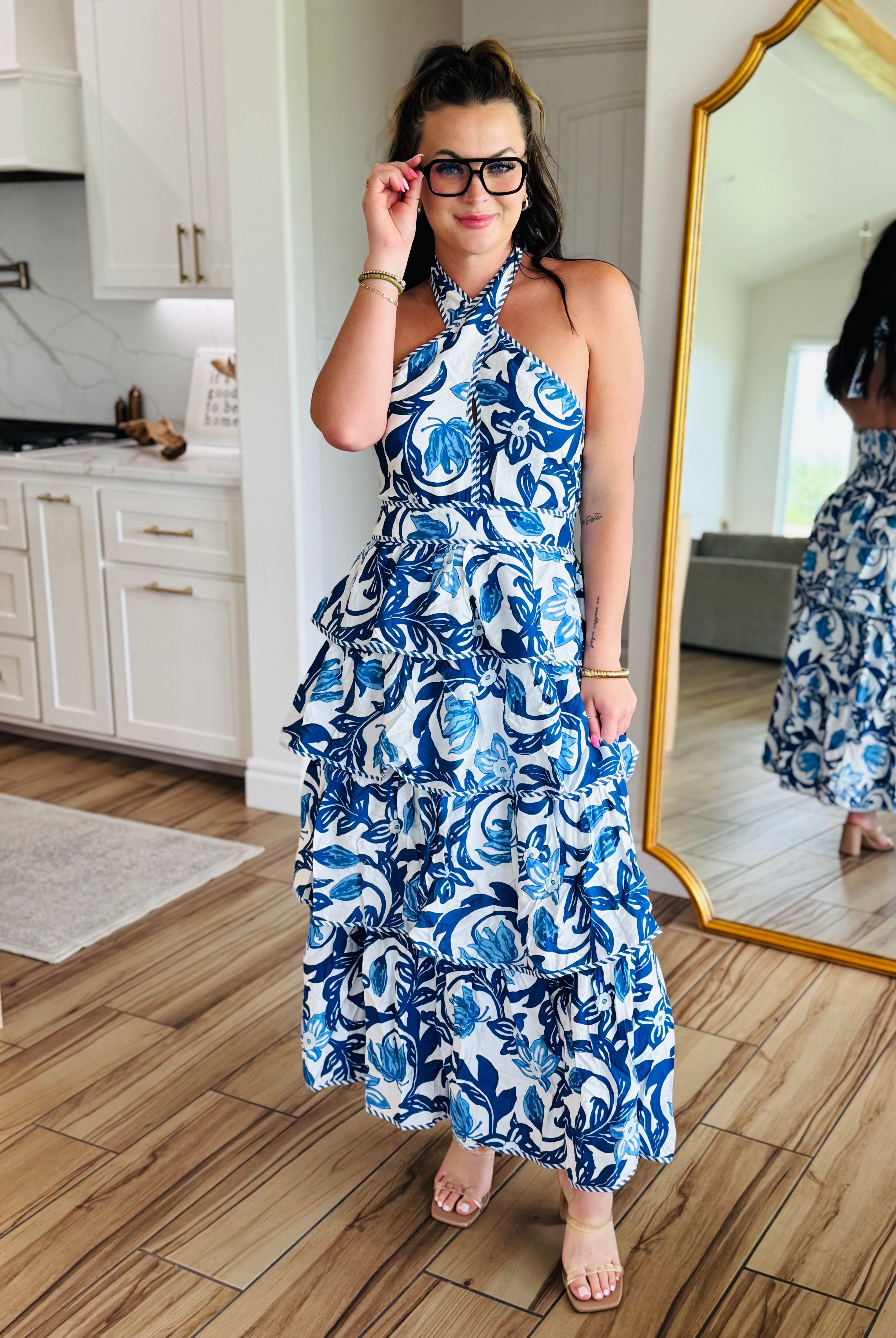 BLUE PAISLEY TIERED HALTER DRESS - Dress