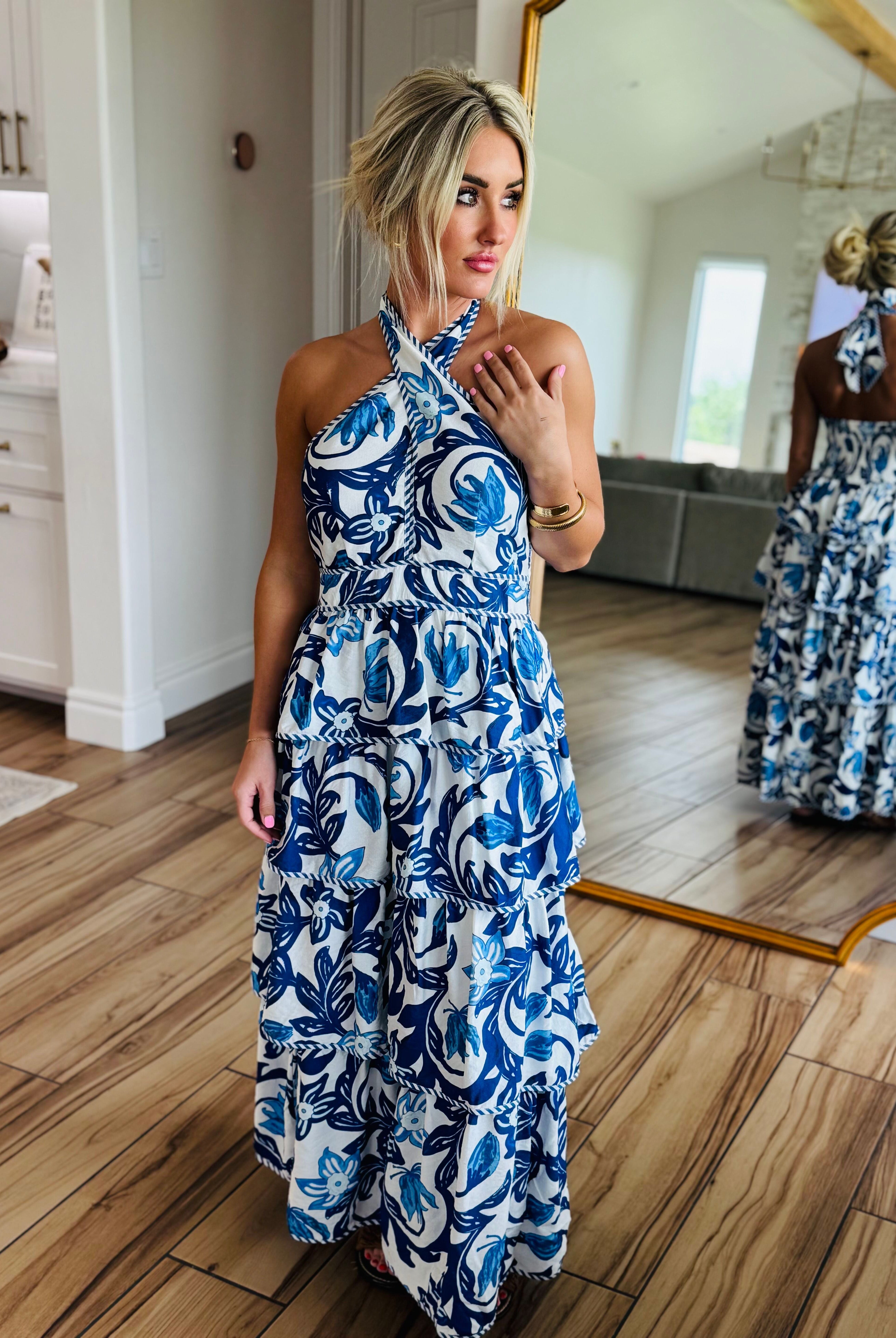 BLUE PAISLEY TIERED HALTER DRESS - Dress