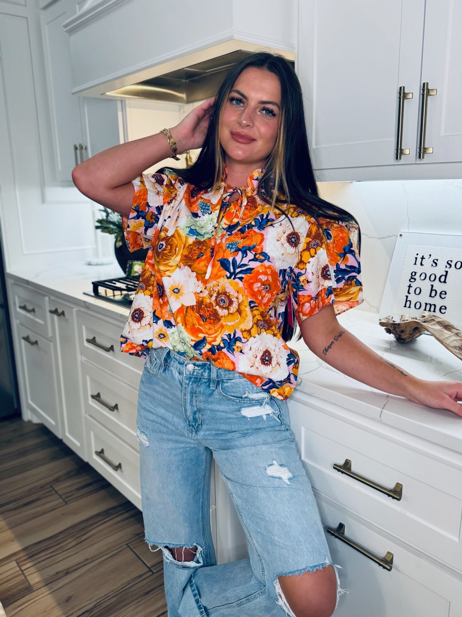 BUDDY LOVE ORANGE AND BLUE MANGO FLORAL TOP - Tops