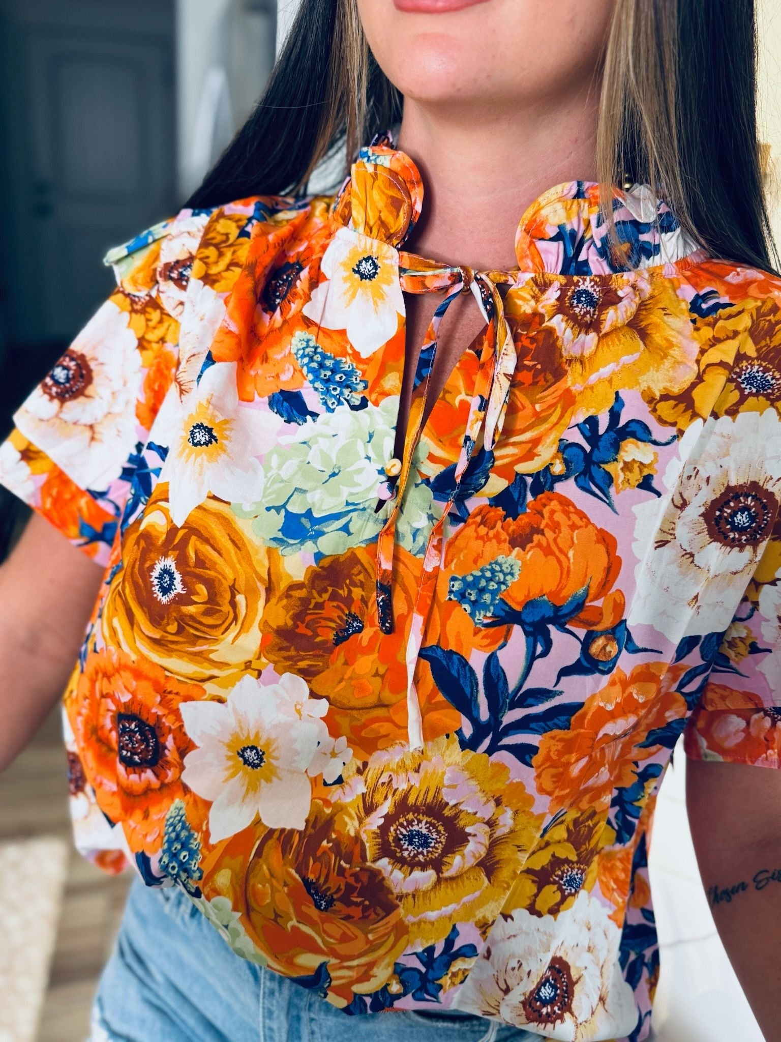 BUDDY LOVE ORANGE AND BLUE MANGO FLORAL TOP - Tops