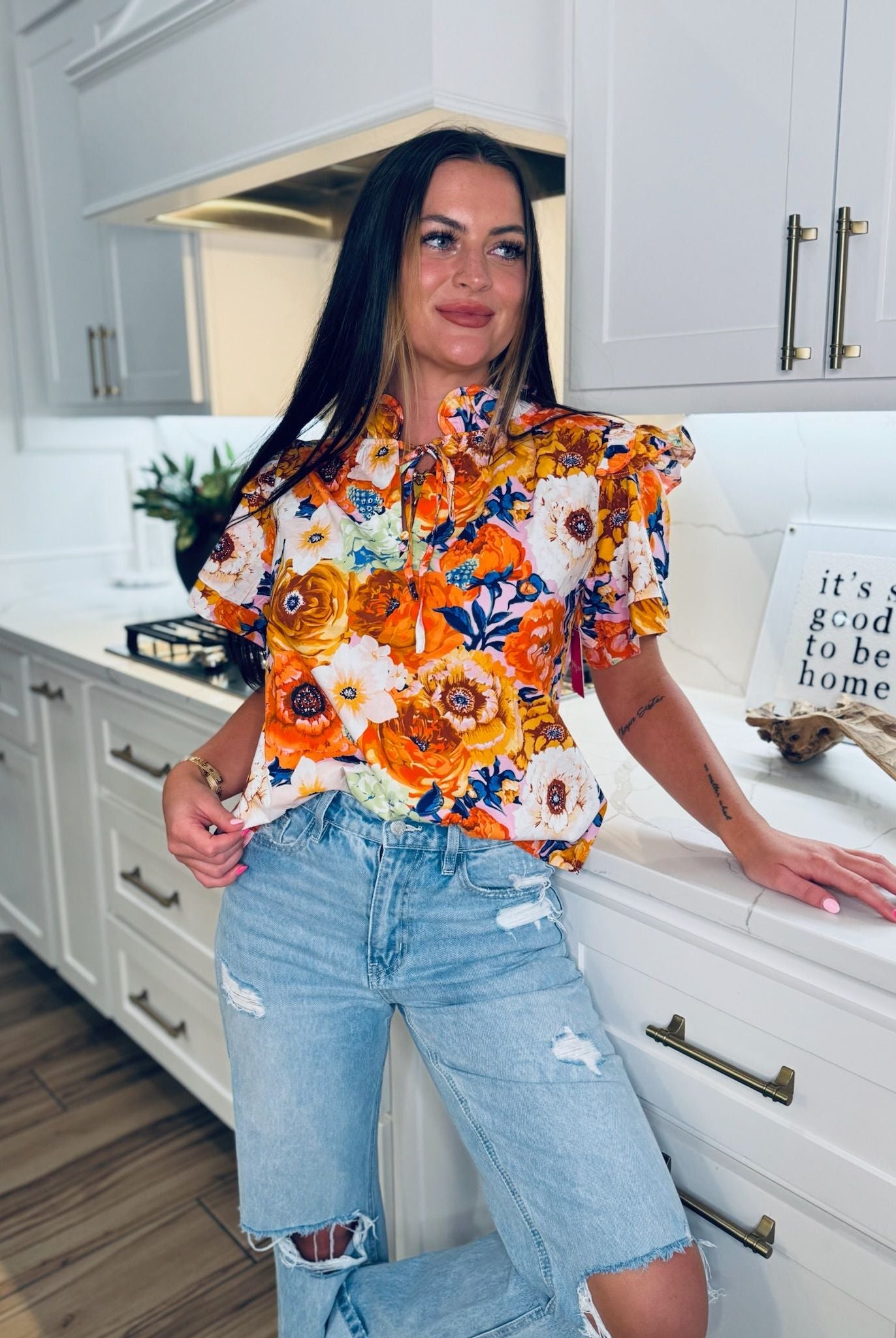 BUDDY LOVE ORANGE AND BLUE MANGO FLORAL TOP - Tops