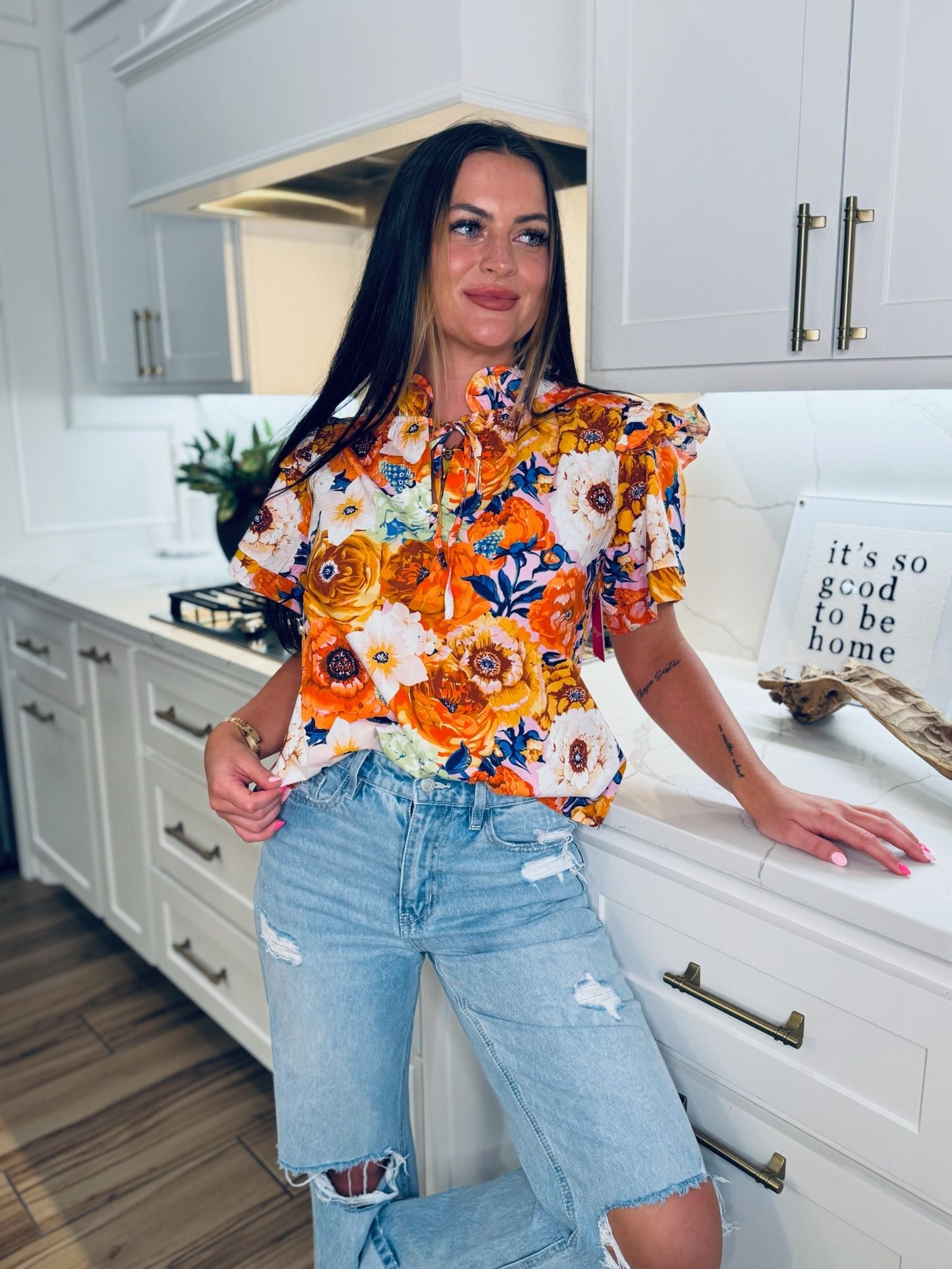 BUDDY LOVE ORANGE AND BLUE MANGO FLORAL TOP - Tops