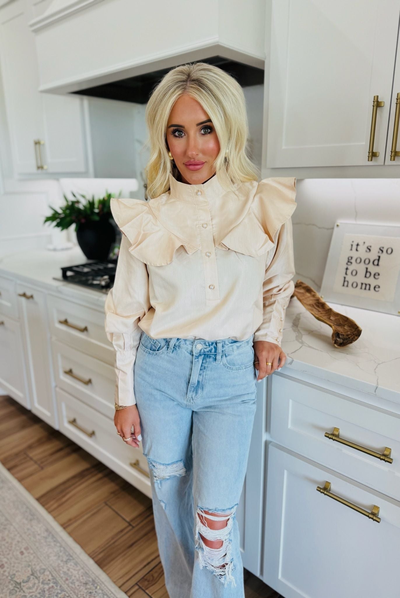 BUTTON CHAMPAGNE RUFFLE DETAIL STAND COLLAR BLOUSE - Small - Tops