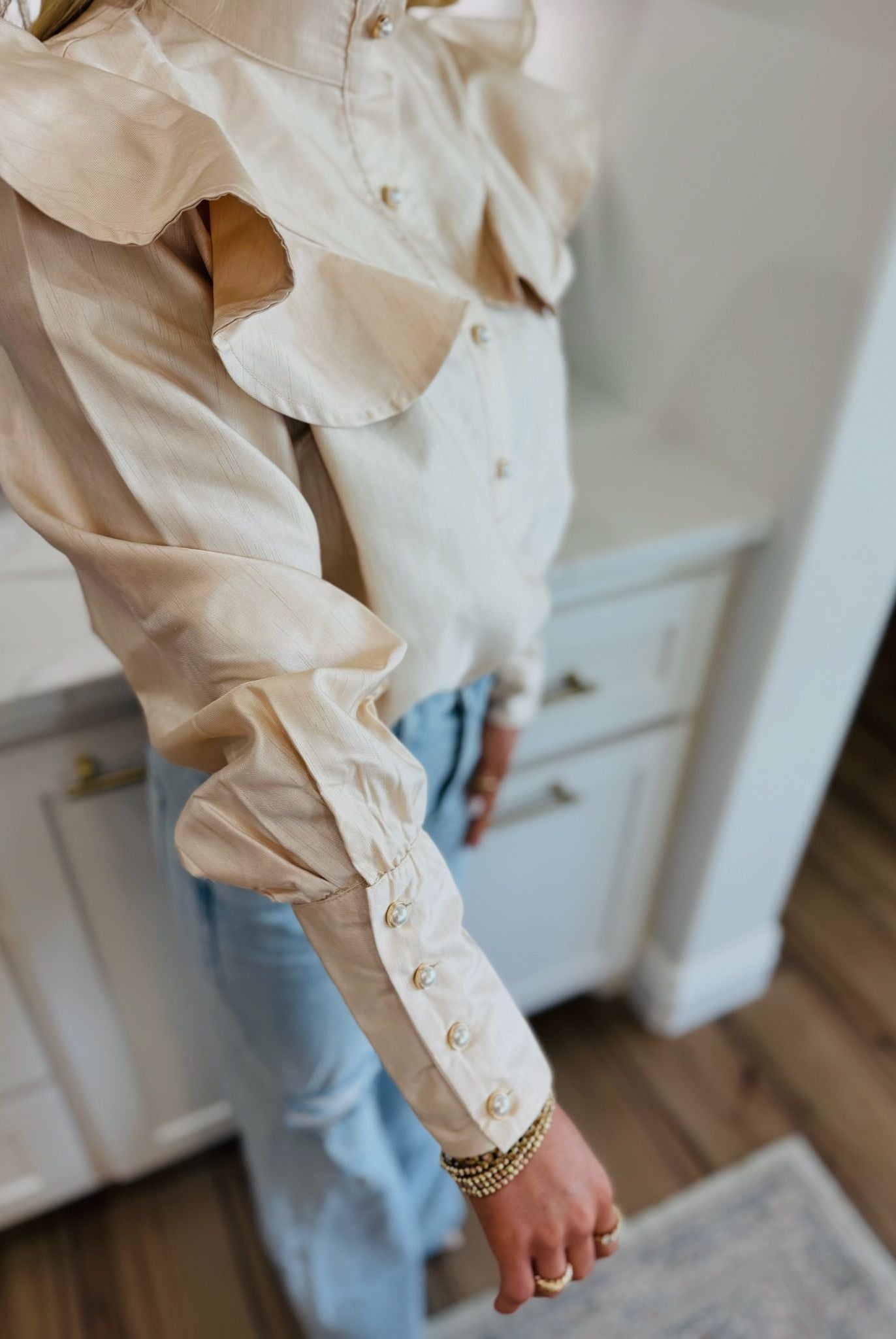 BUTTON CHAMPAGNE RUFFLE DETAIL STAND COLLAR BLOUSE - Tops