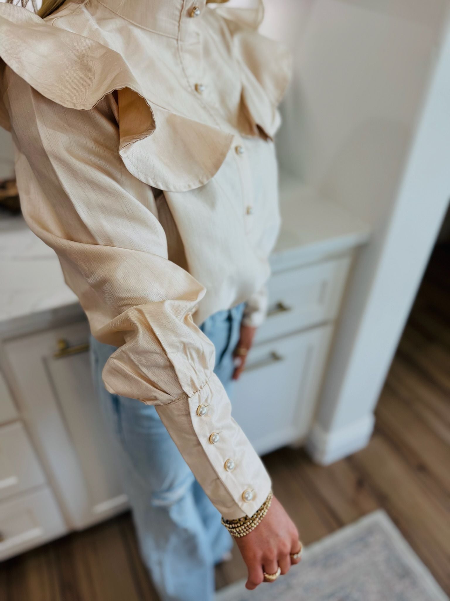 BUTTON CHAMPAGNE RUFFLE DETAIL STAND COLLAR BLOUSE - Tops