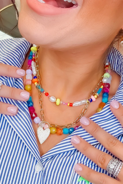 Close-up of the BEAD AND BLOOM NECKLACE showcasing its vibrant colors and versatile design, ideal for enhancing your style.