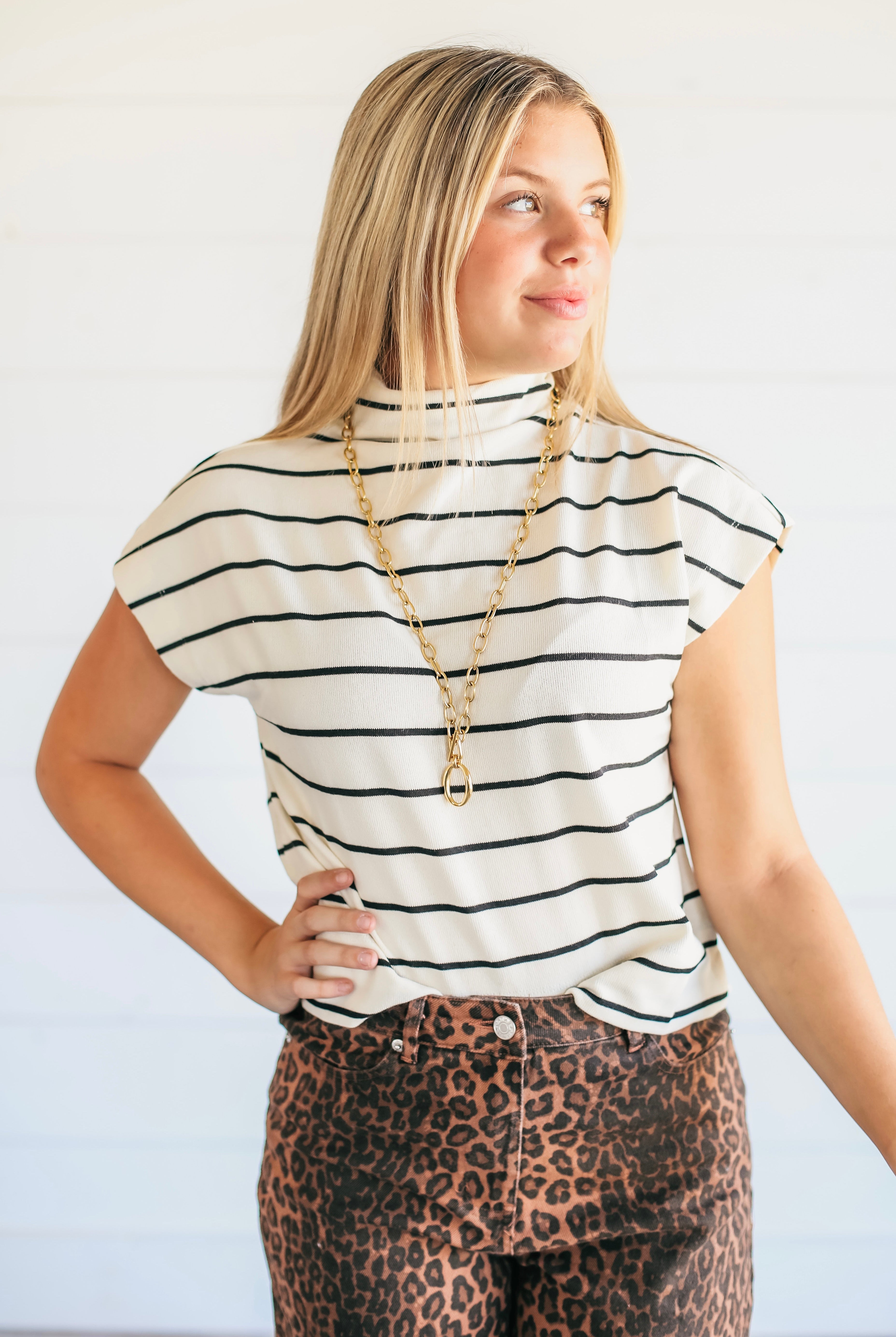 CREAM AND BLACK STRIPE MOCK NECK TOP BY ENTRO - Tops