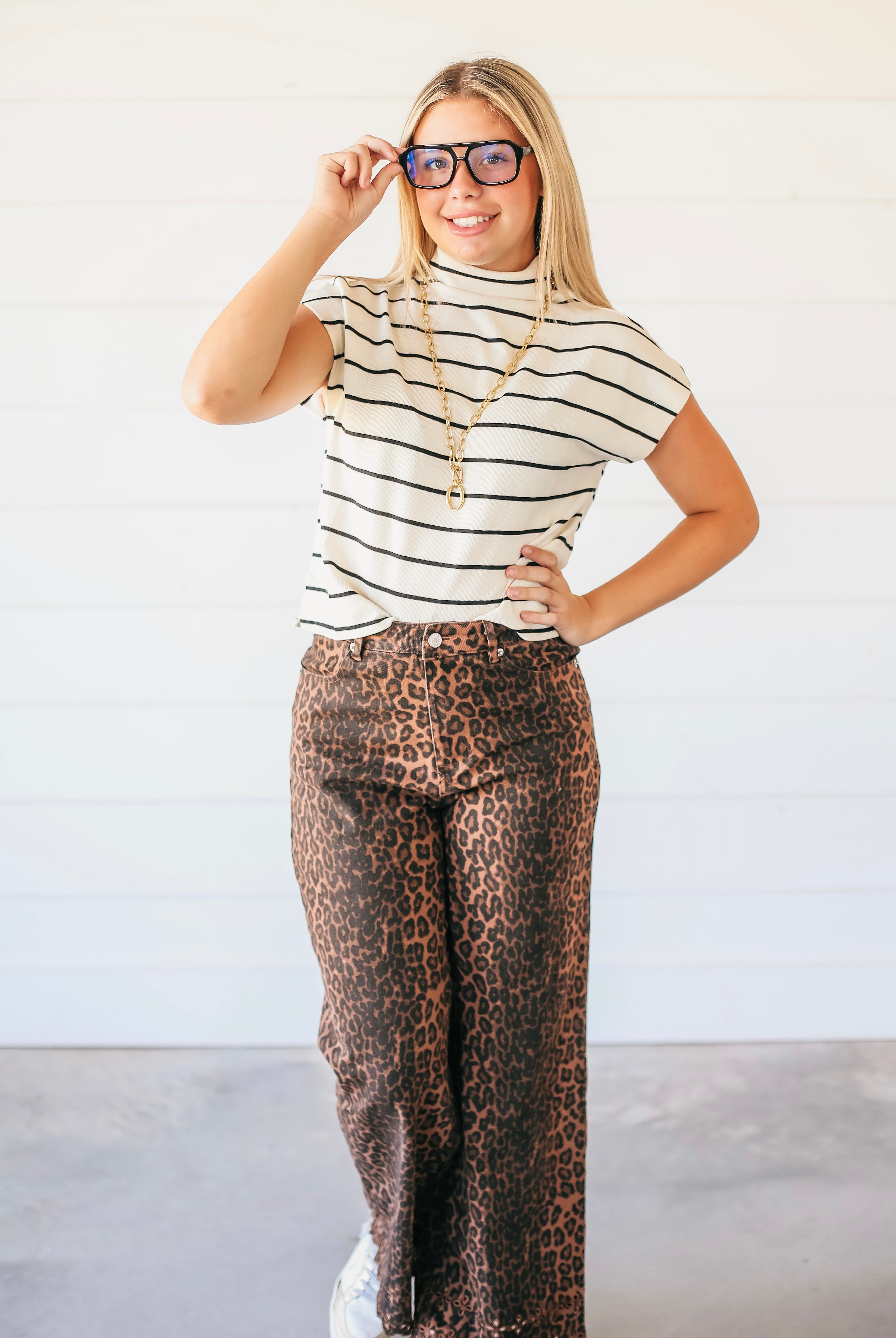 CREAM AND BLACK STRIPE MOCK NECK TOP BY ENTRO - Tops