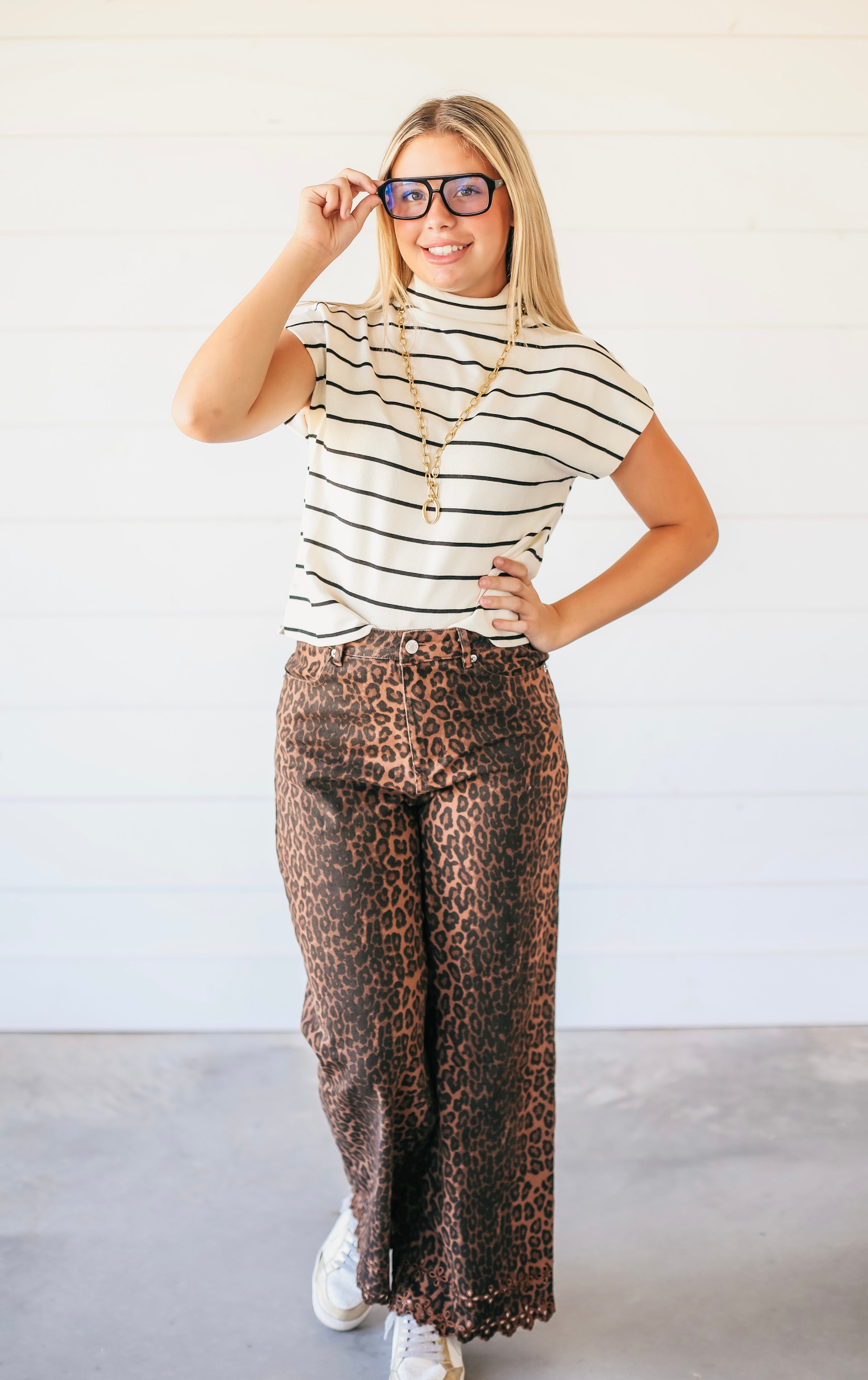 CREAM AND BLACK STRIPE MOCK NECK TOP BY ENTRO - Tops