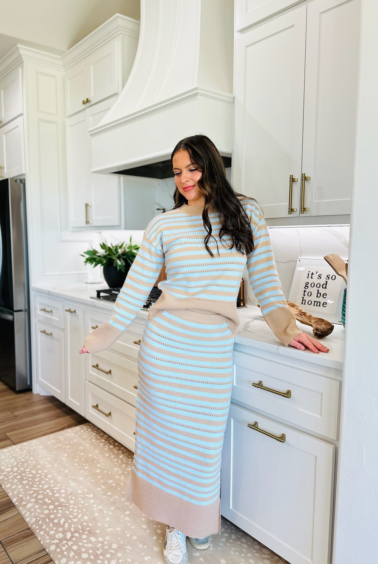 CREAM AND BLUE POINTELLE STRIPED SWEATER & MIDI SET - SET