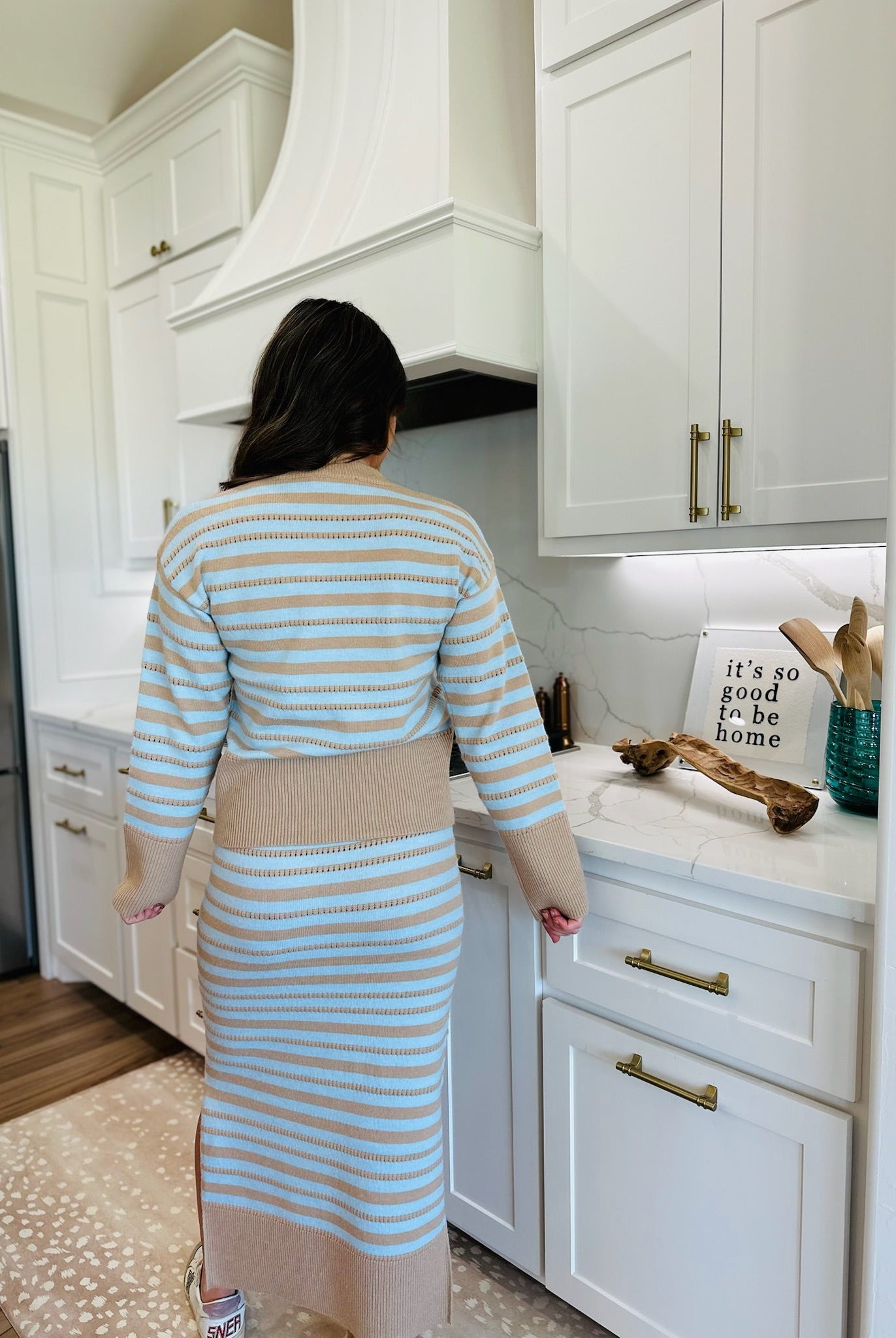 CREAM AND BLUE POINTELLE STRIPED SWEATER & MIDI SET - SET