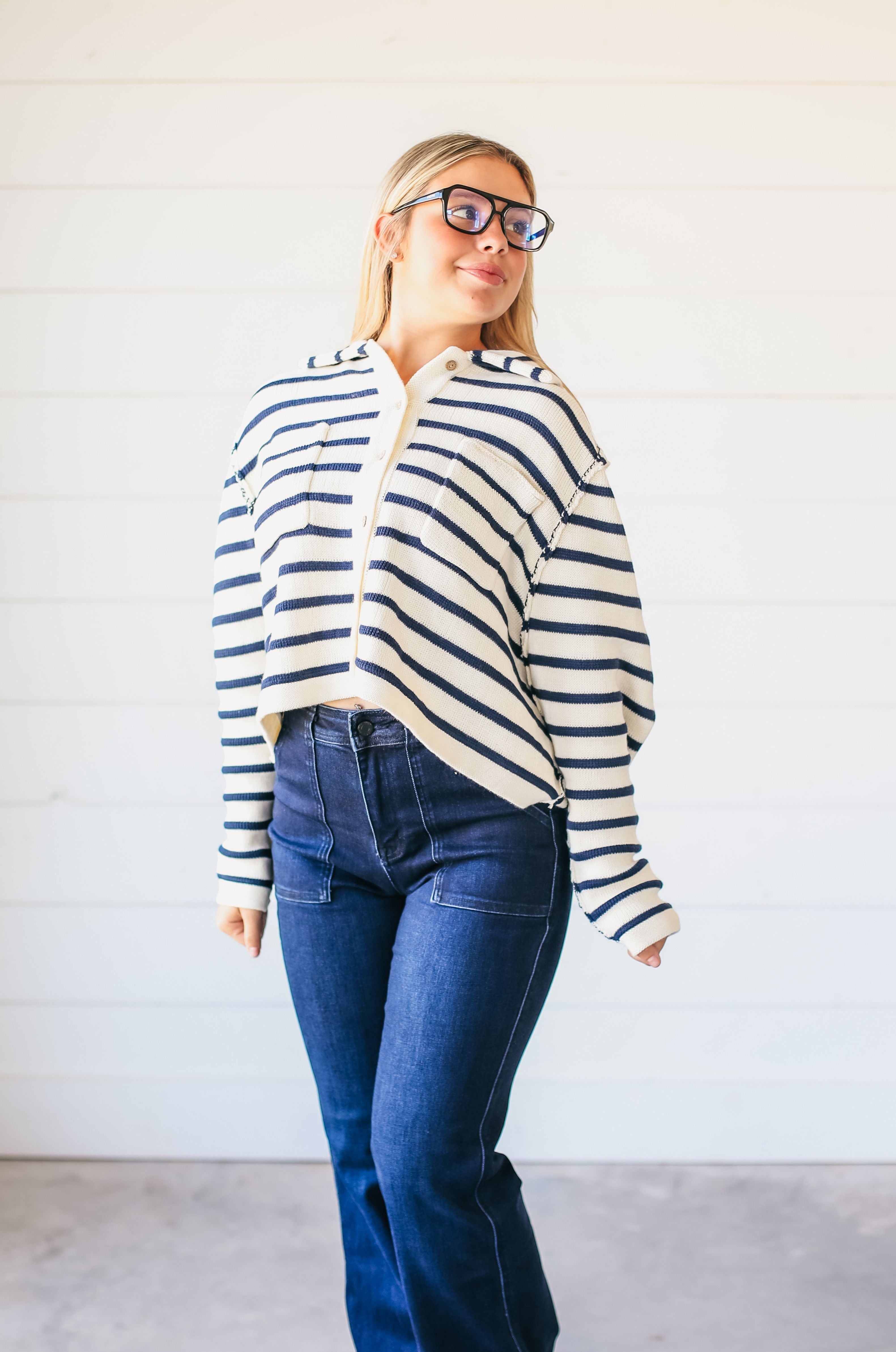 CREAM AND NAVY COLLARED STRIPED BUTTON DOWN SWEATER - Tops
