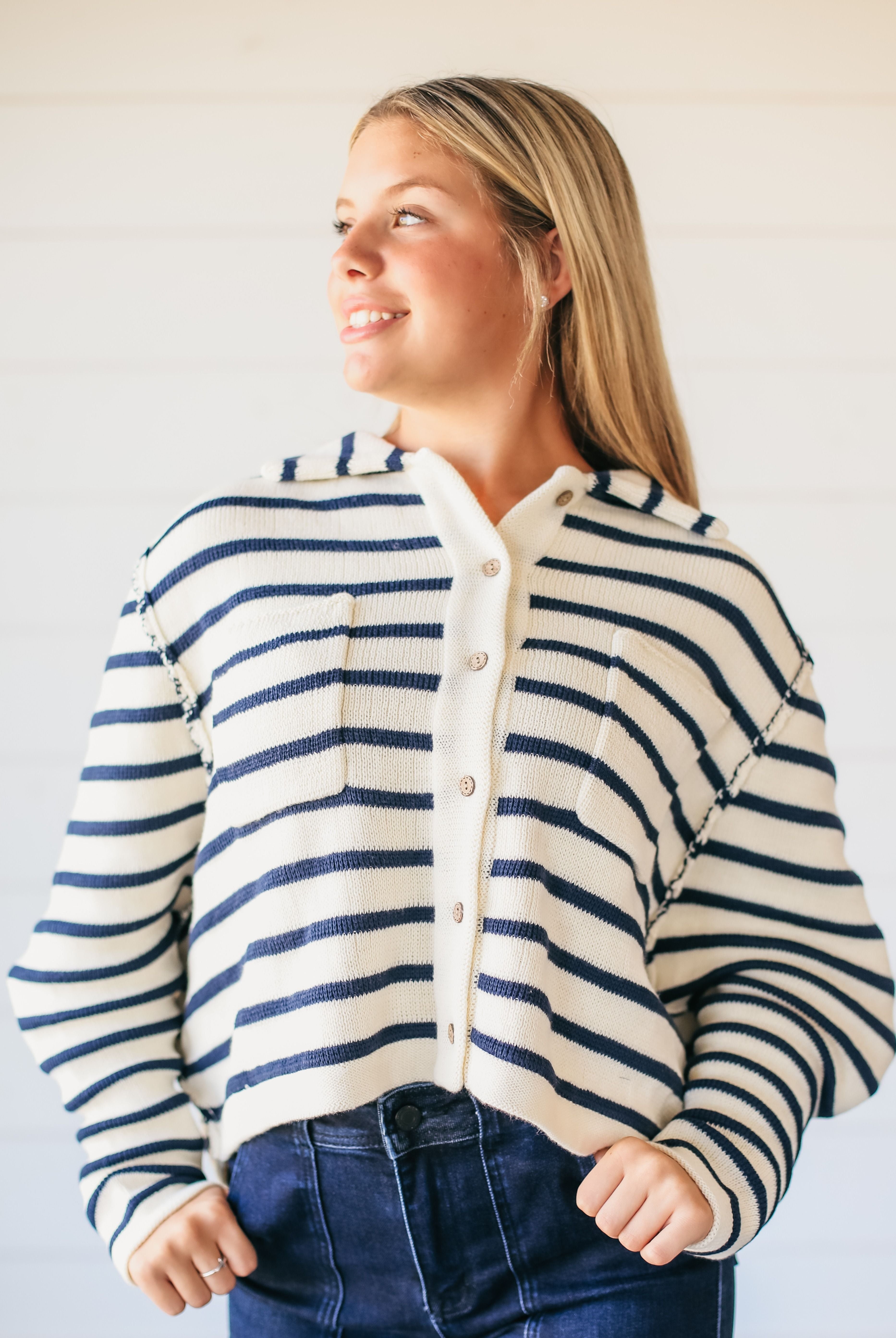 CREAM AND NAVY COLLARED STRIPED BUTTON DOWN SWEATER - Tops